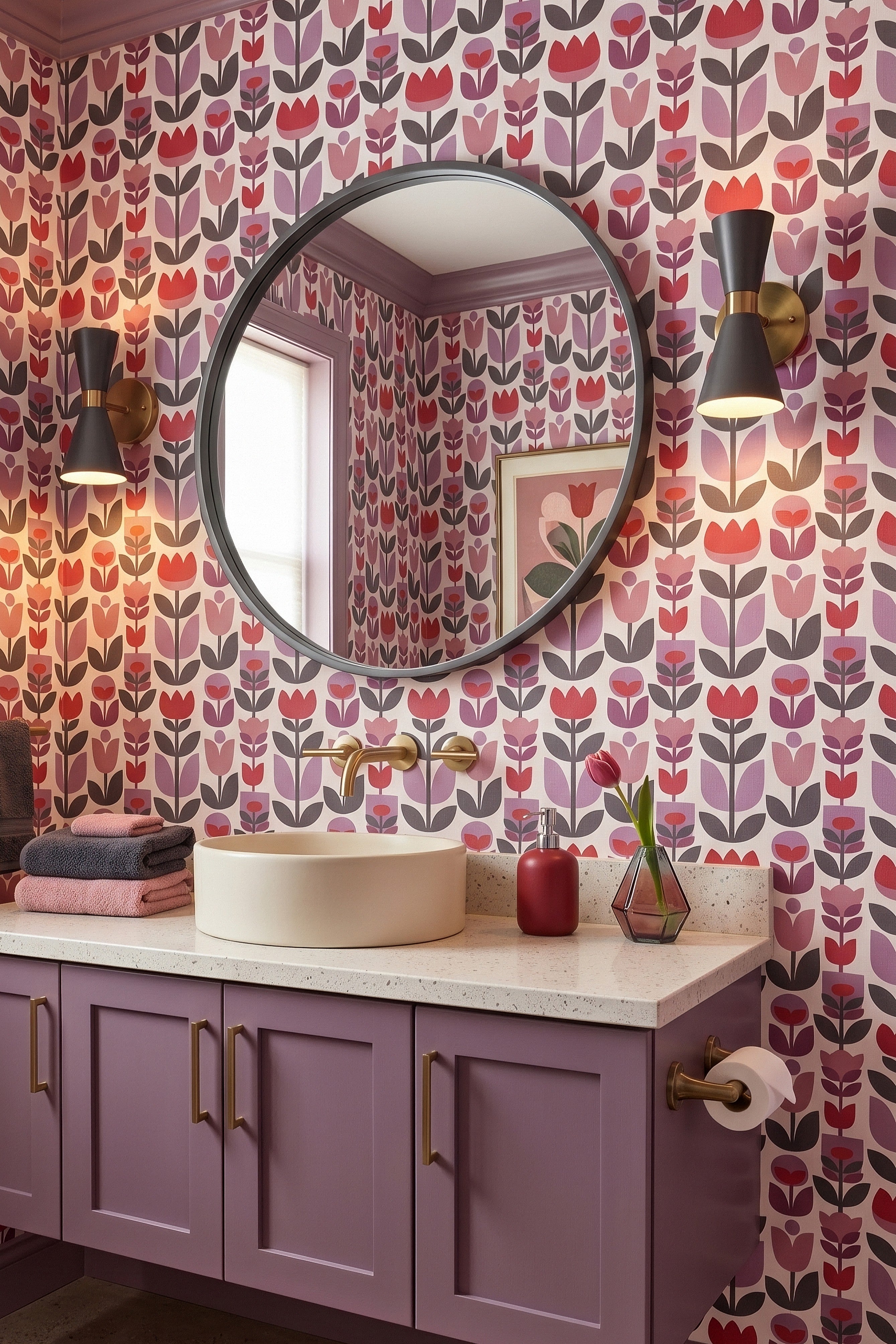 Tulip Mania wallpaper shown in a powder room