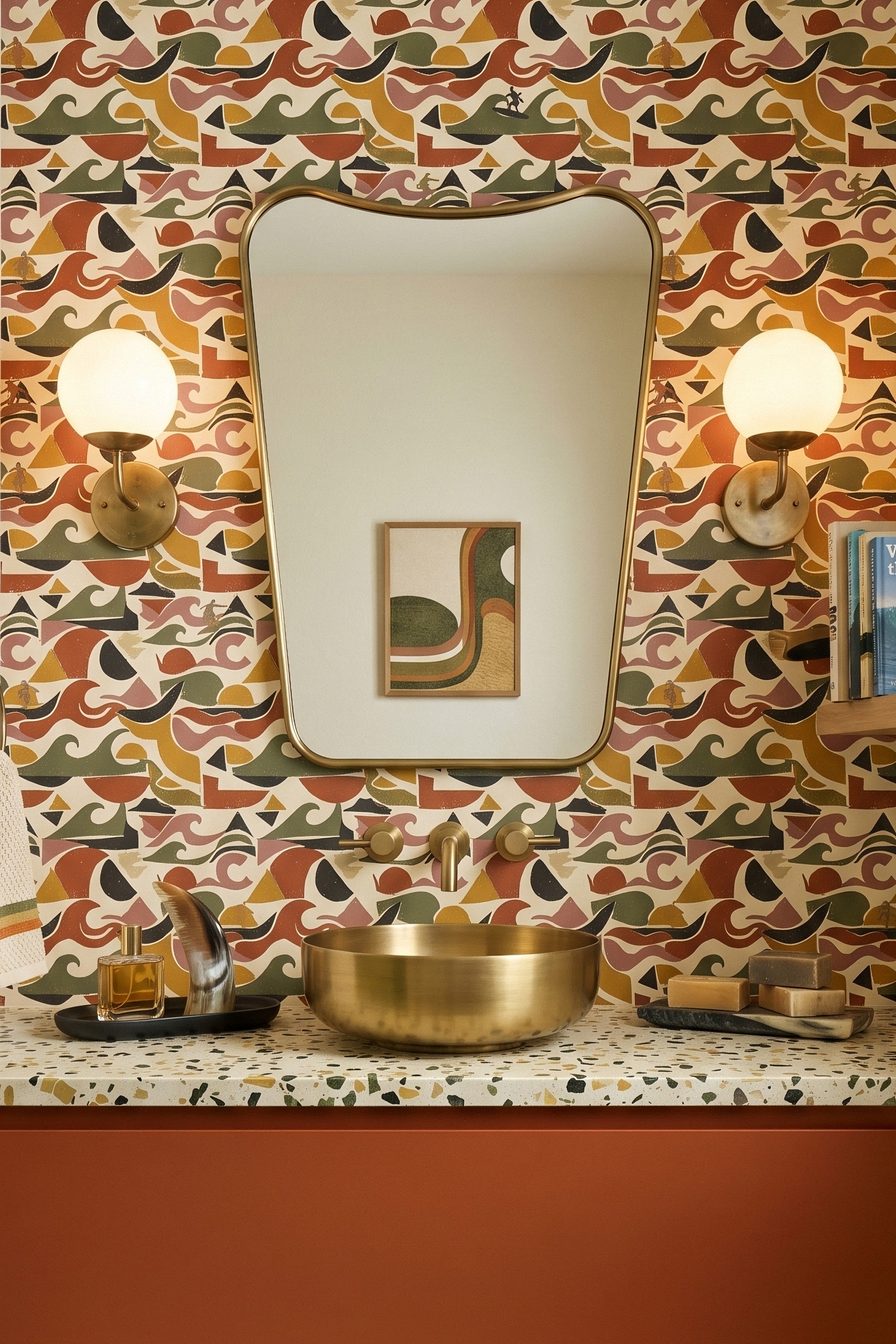 Retro Swell wallpaper shown in a powder room
