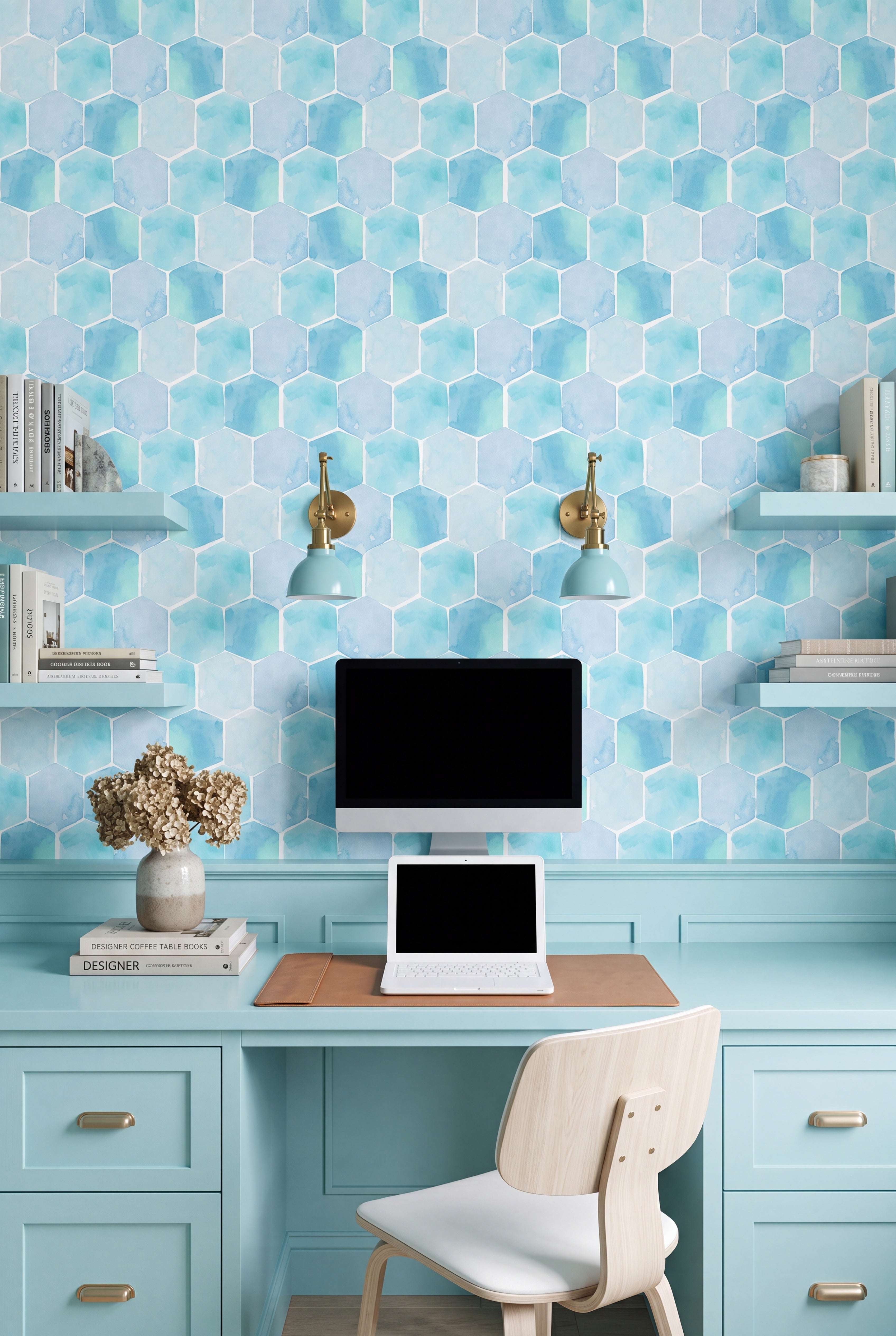 Sea Glass wallpaper shown in a home office