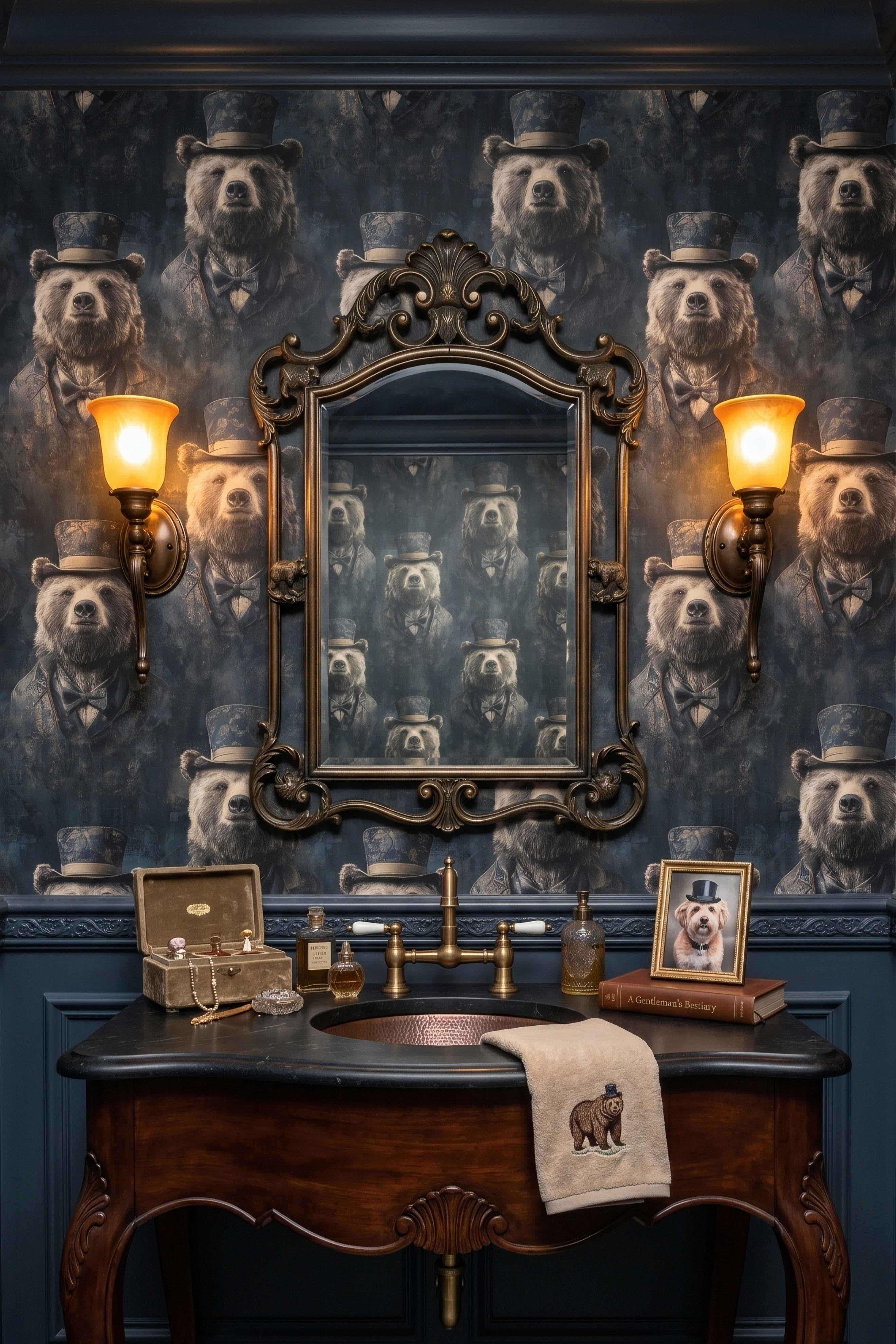 Dapper Bear wallpaper shown in a powder room