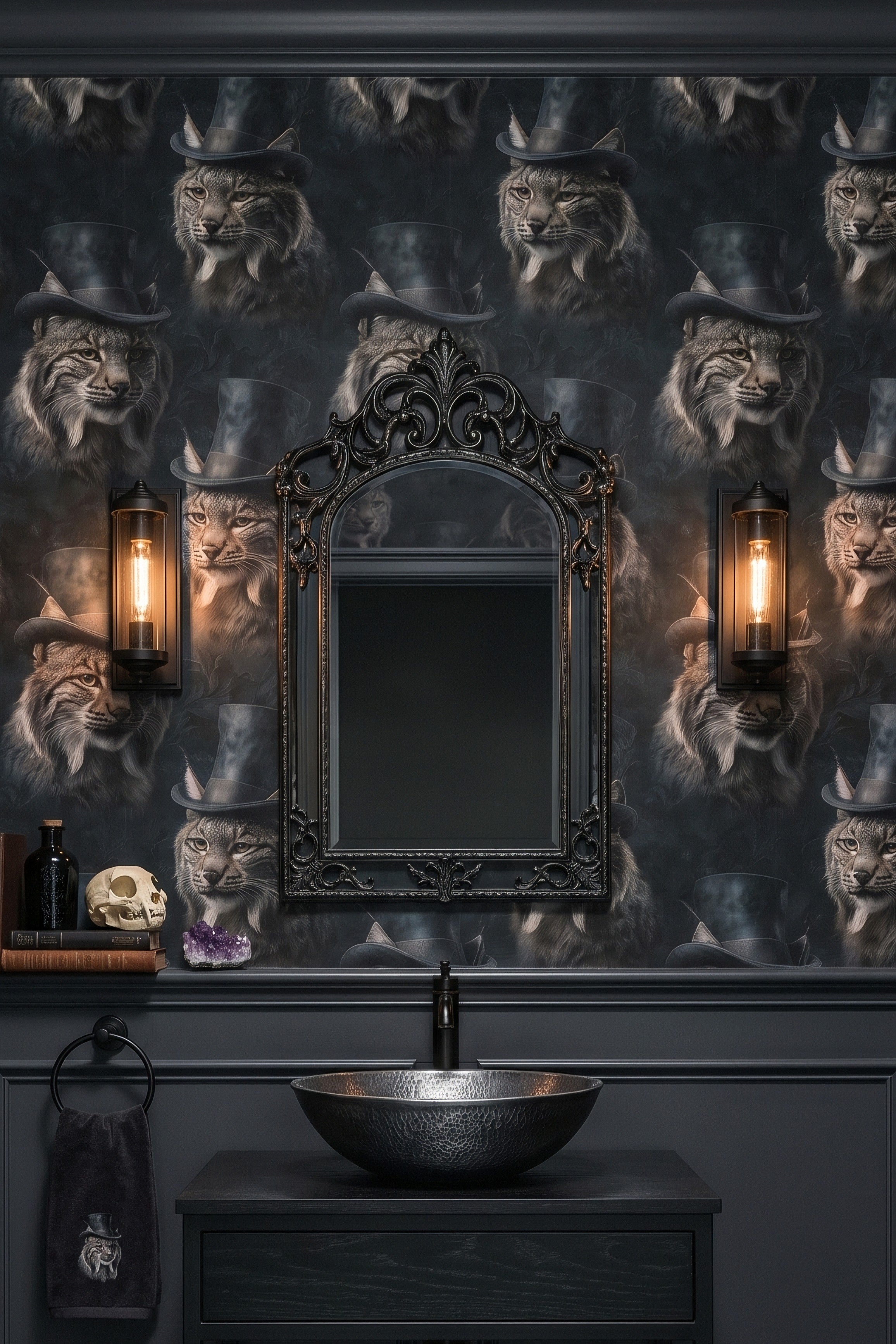 Dapper Bobcat wallpaper shown in a powder room