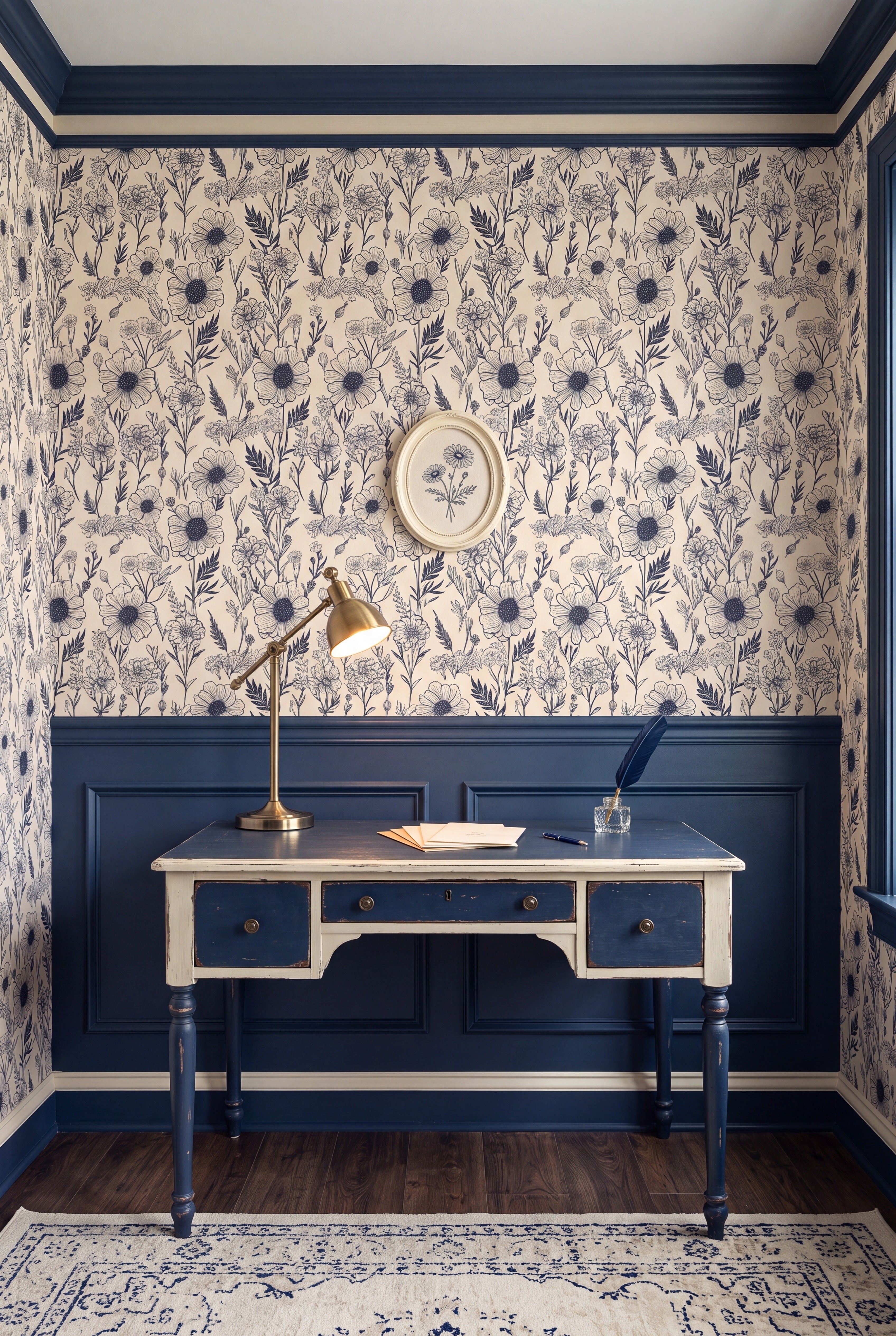 Navy Heirloom wallpaper shown in a home office