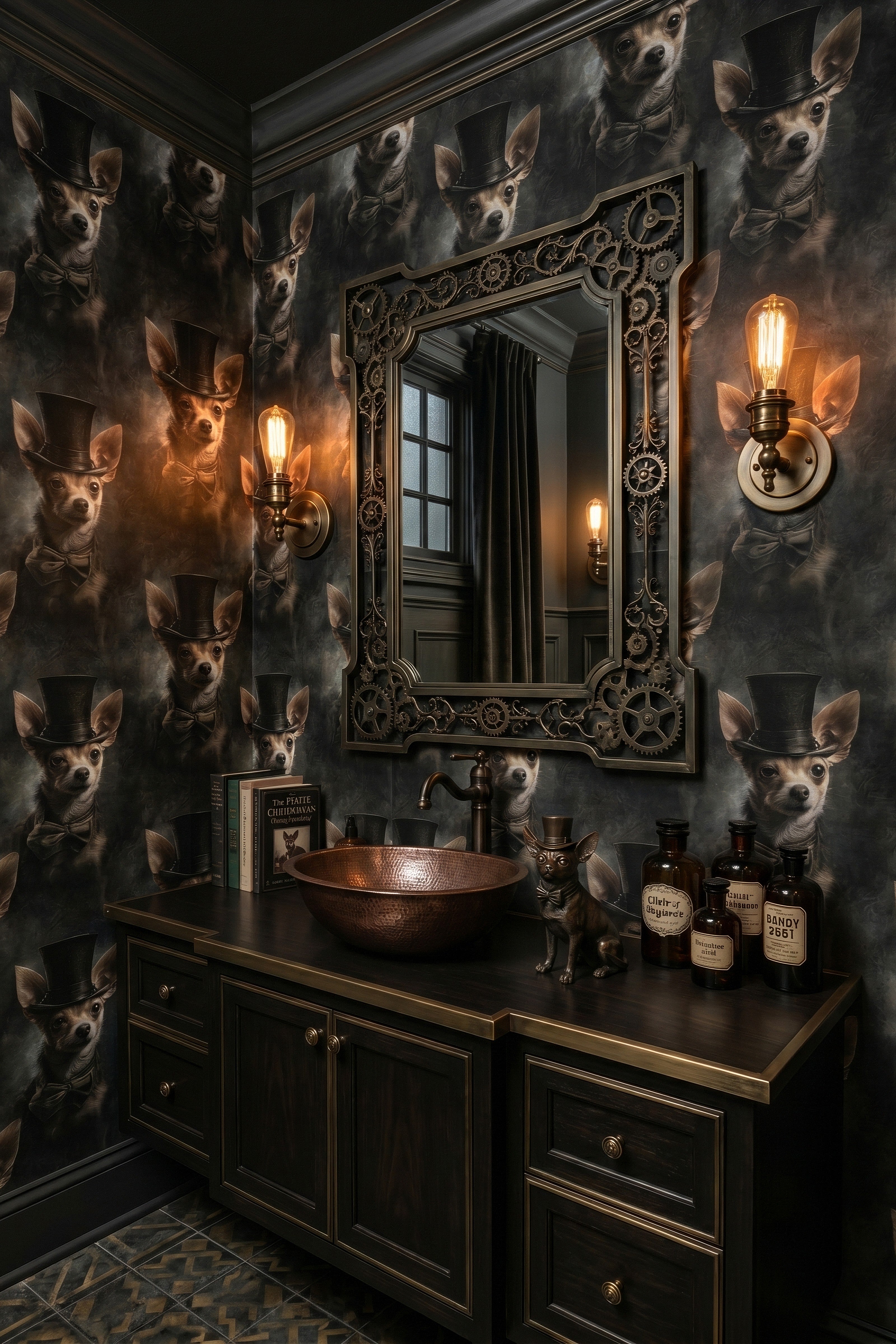 Dapper Chihuahua wallpaper shown in a powder room