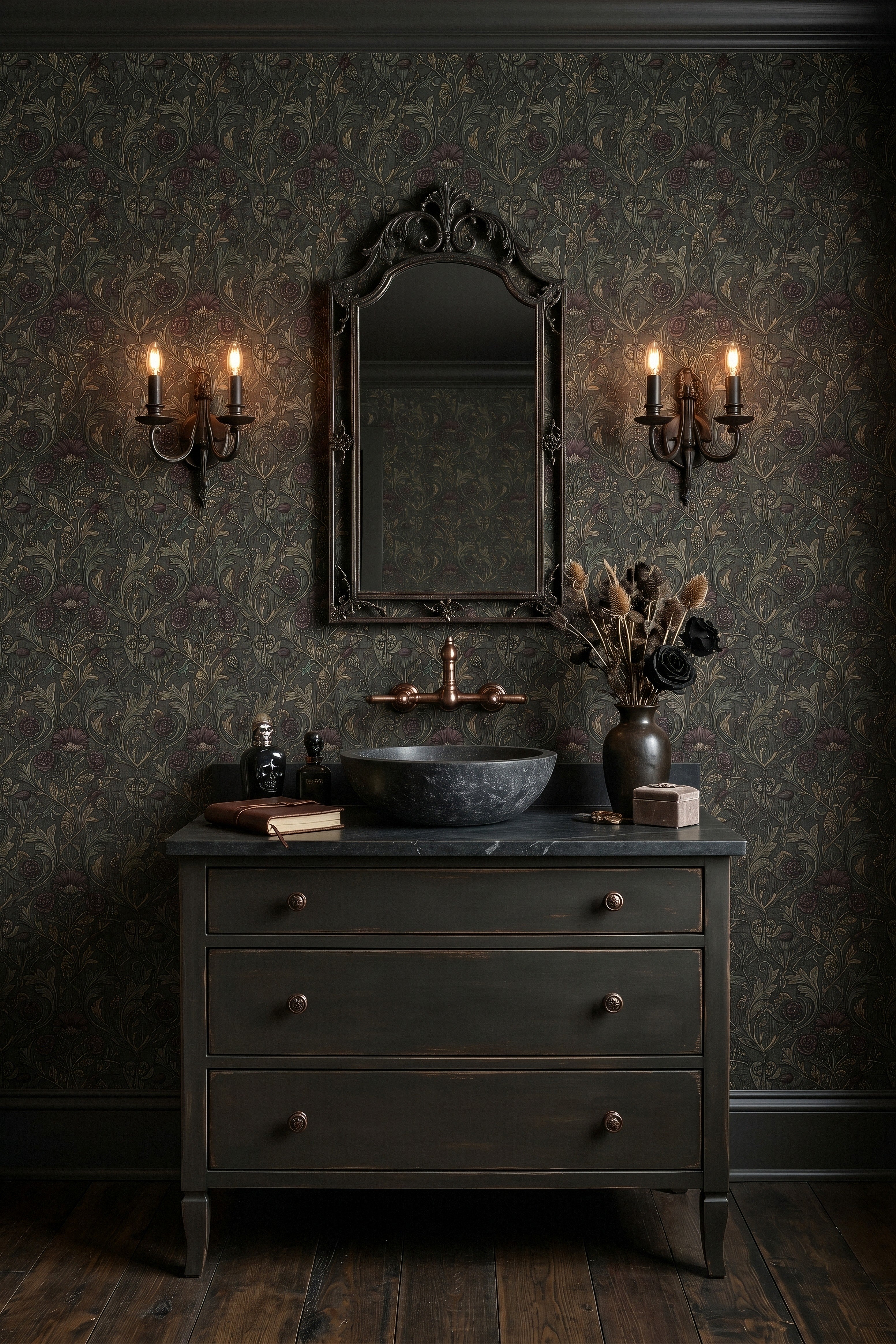 Morris Bordeaux wallpaper shown in a powder room