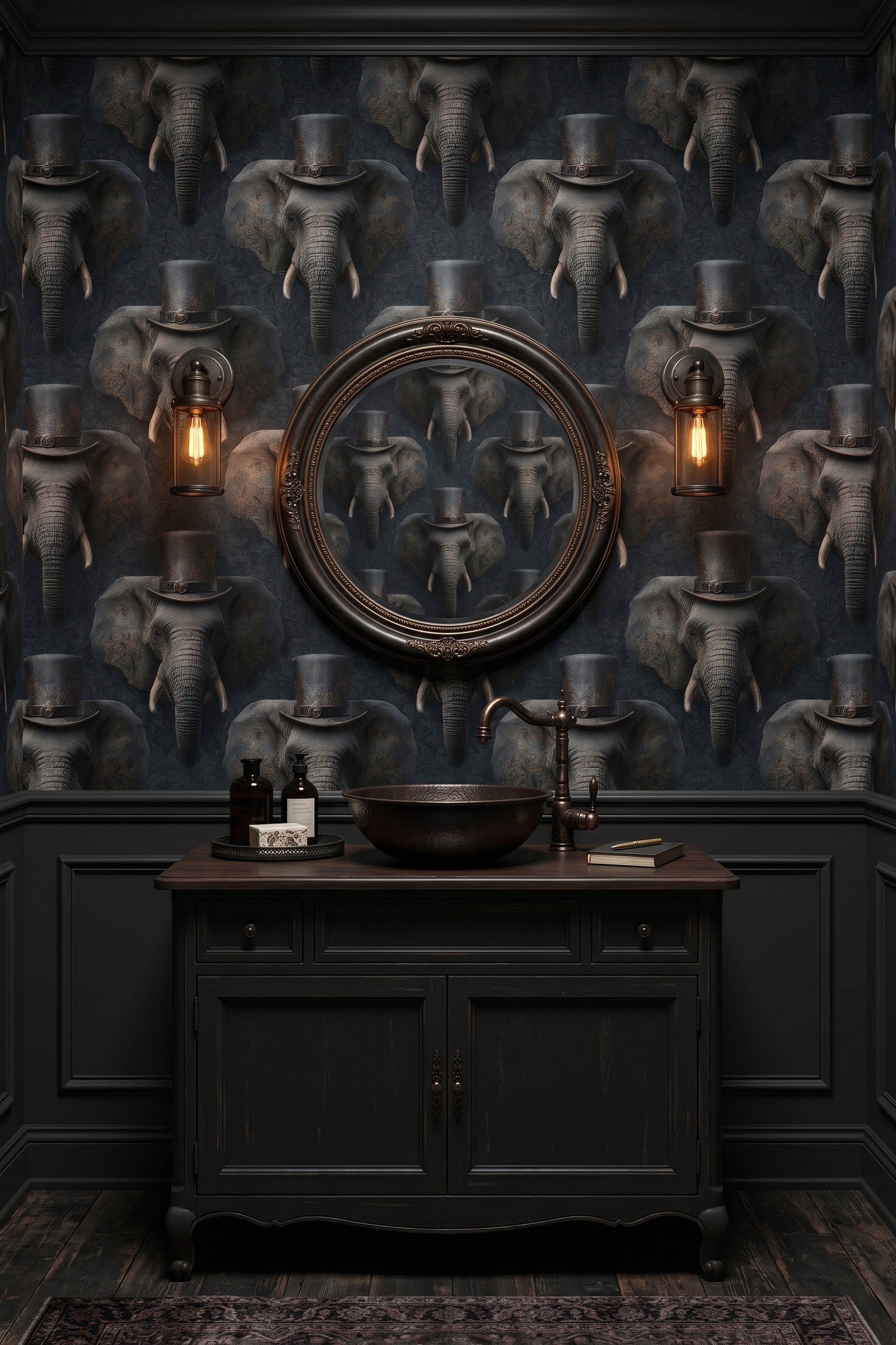 Dapper Elephant wallpaper shown in a powder room