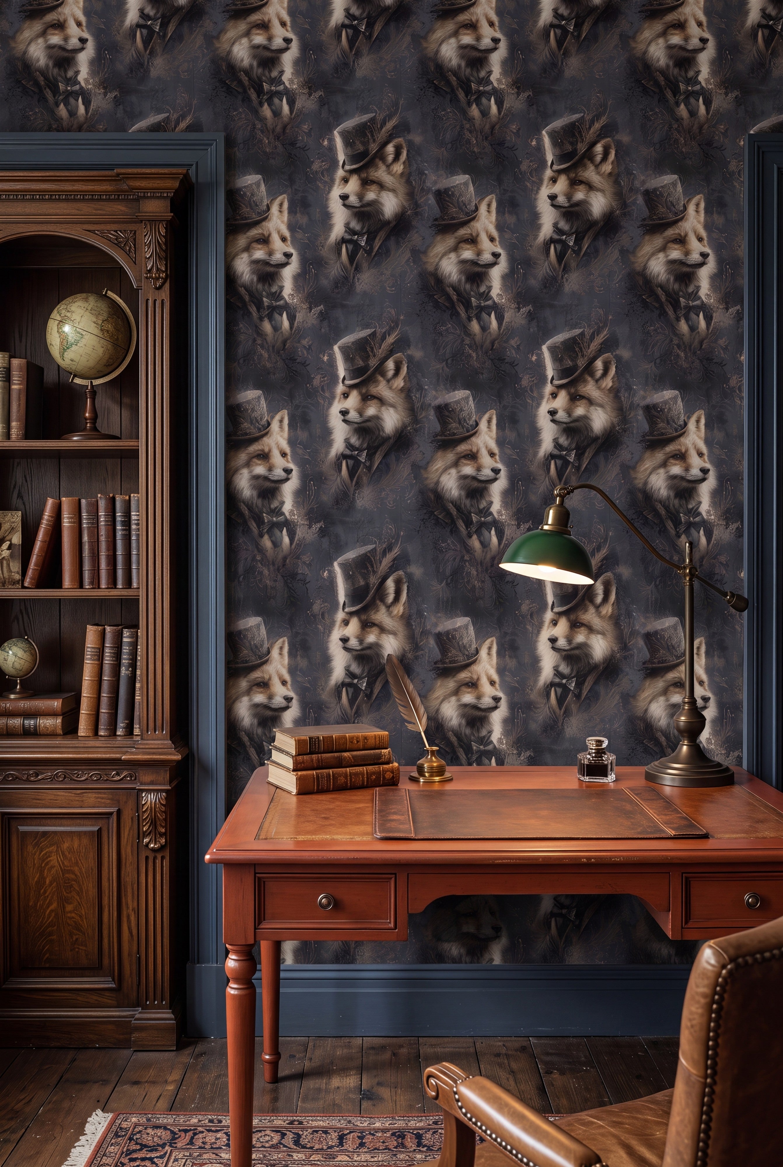 Foxglove Noir wallpaper shown in a home office