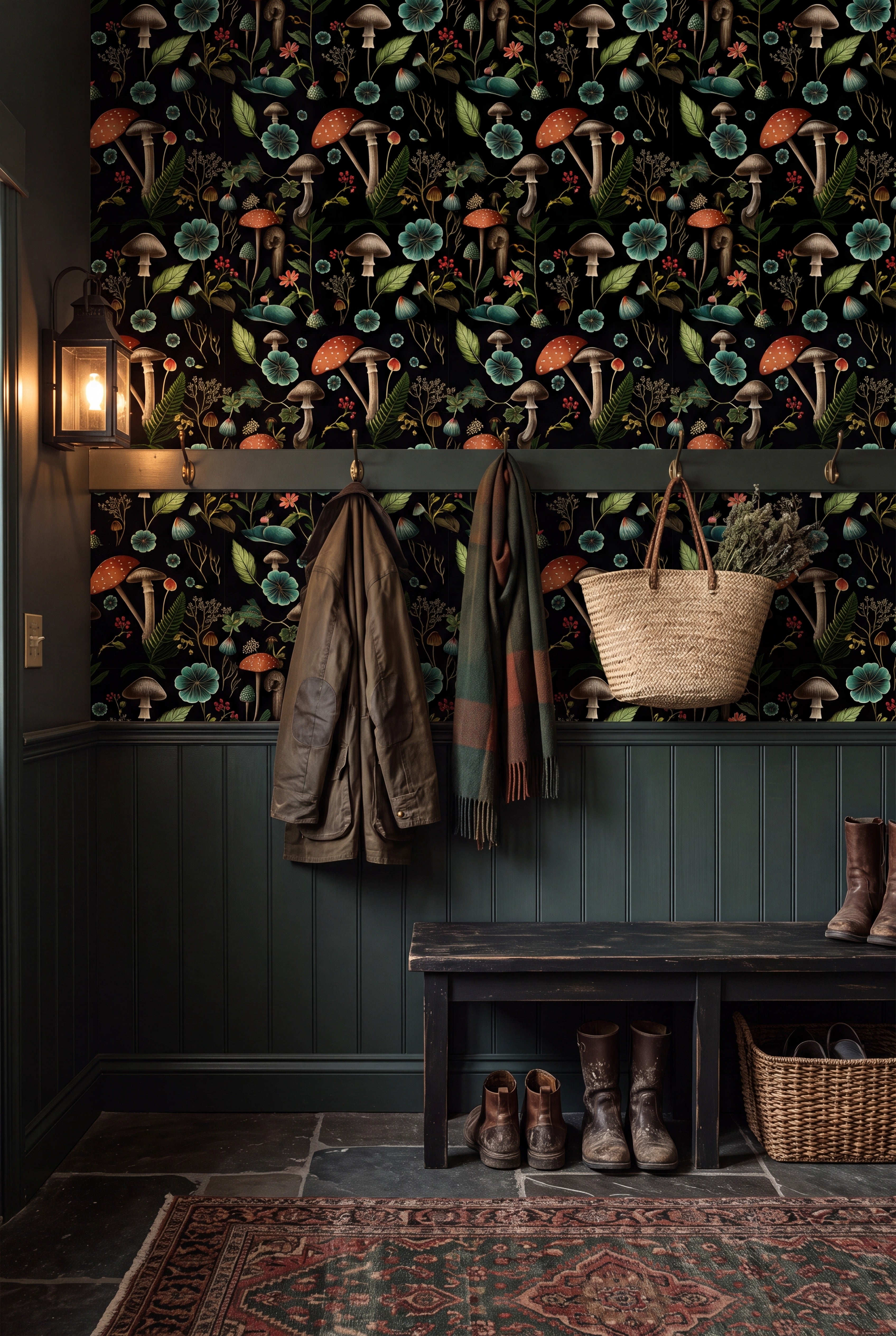 Mushroom Hollow wallpaper shown in a mudroom