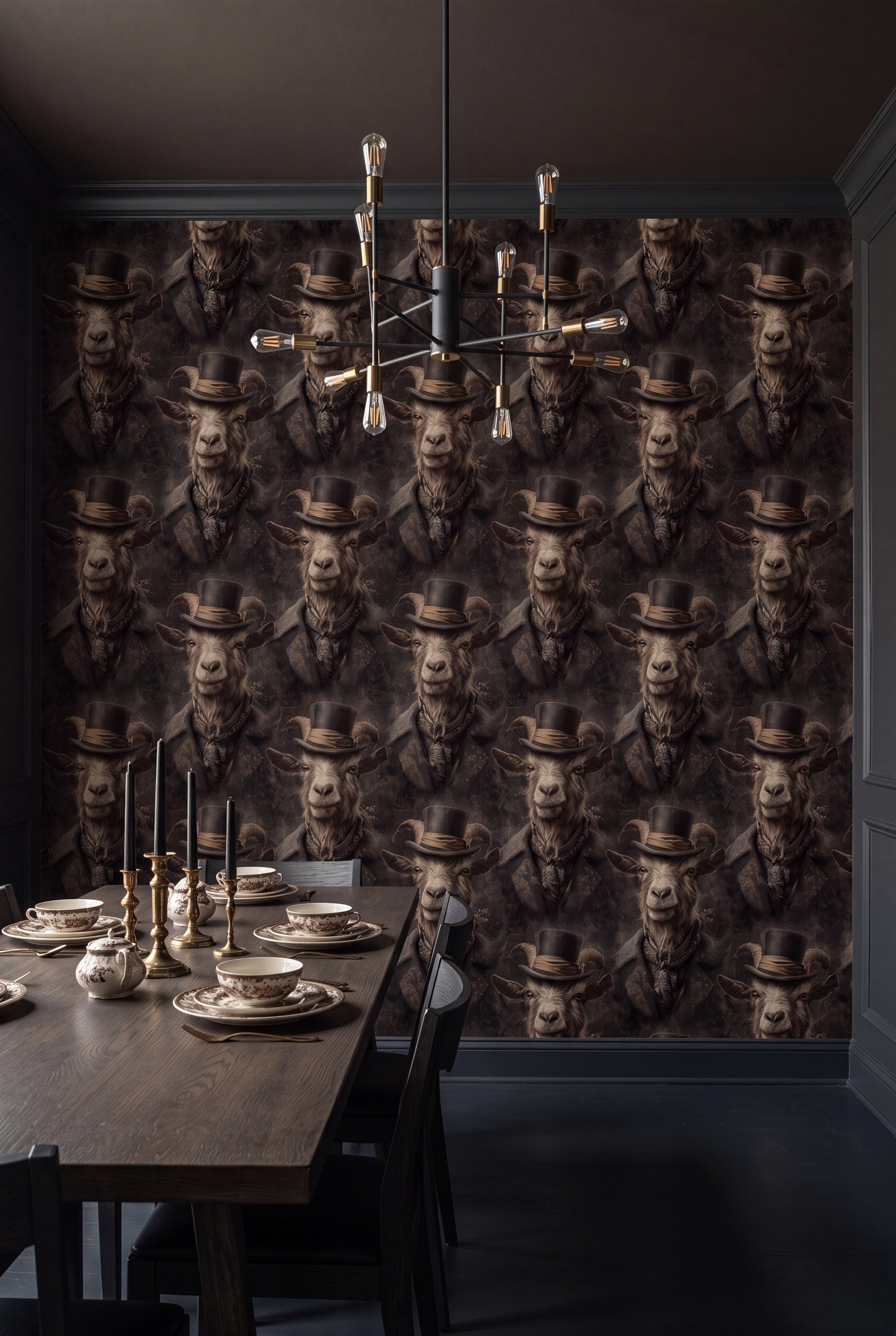 The Old Goat wallpaper shown in a dining room