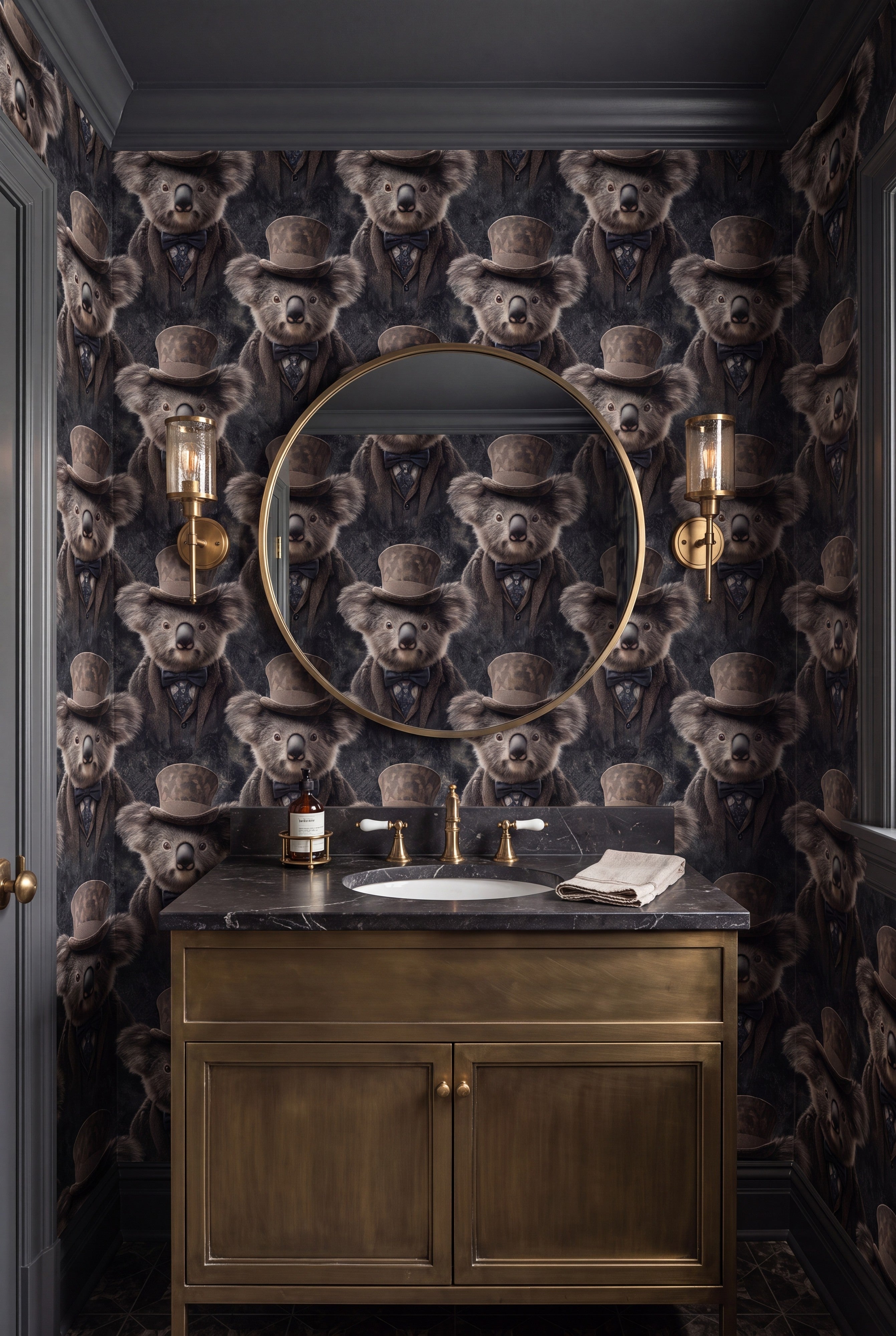 The Professor wallpaper shown in a powder room