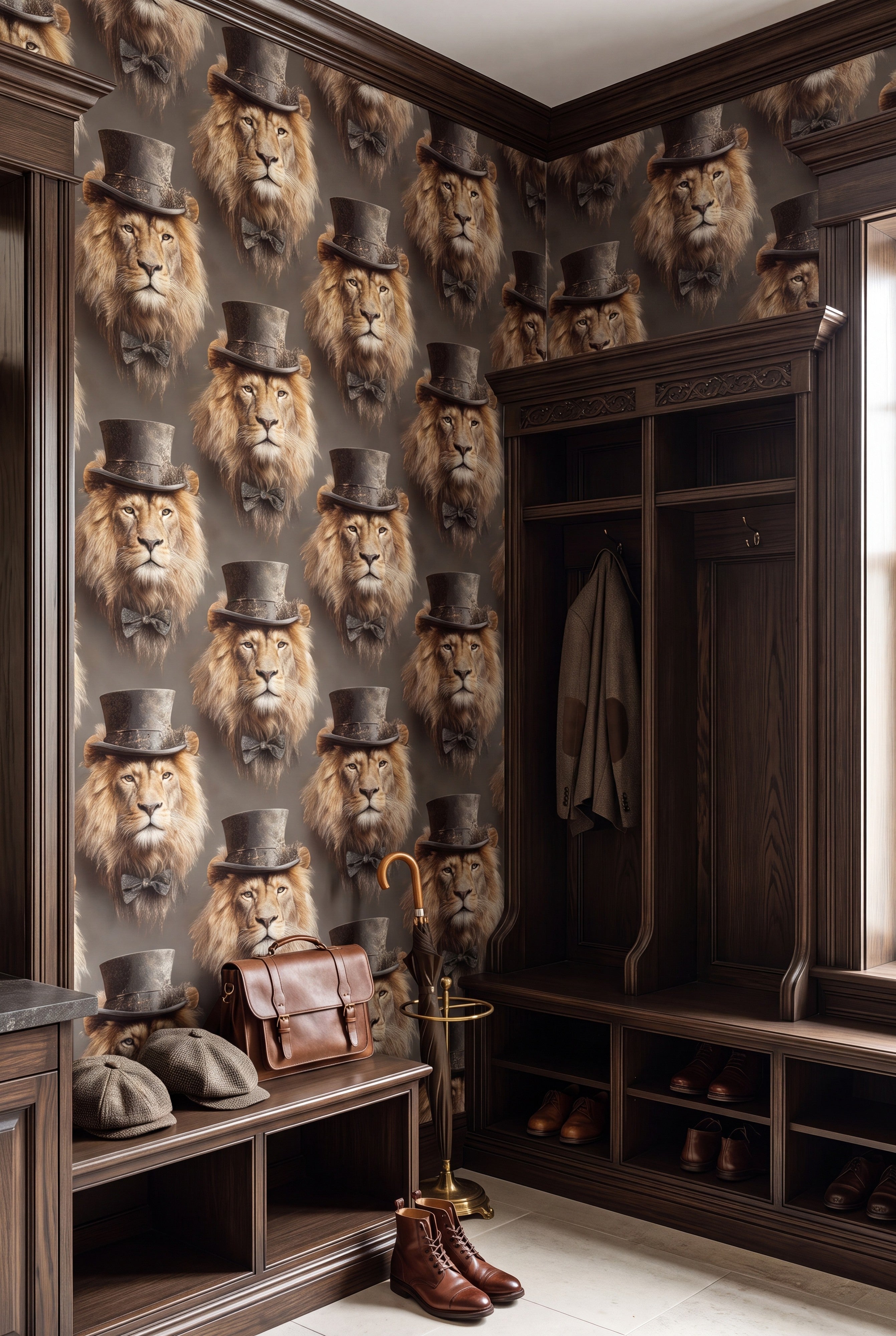Golden Chairman wallpaper shown in a mudroom