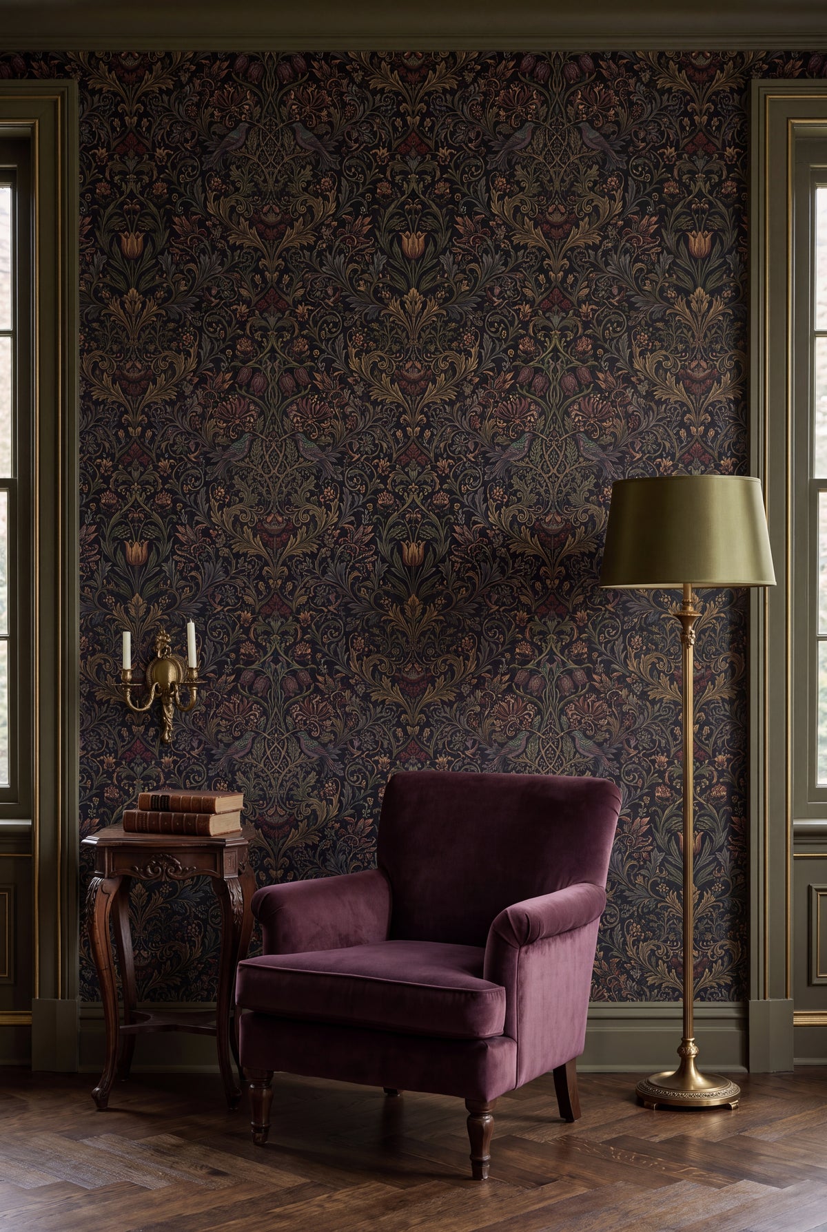Midnight Aviary wallpaper shown in a living room