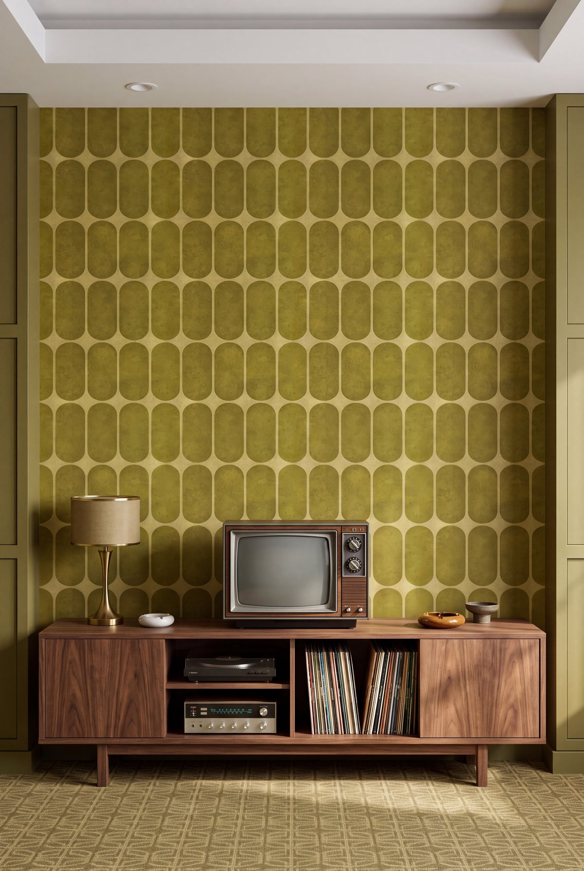 Citron Arcade wallpaper shown in a media room