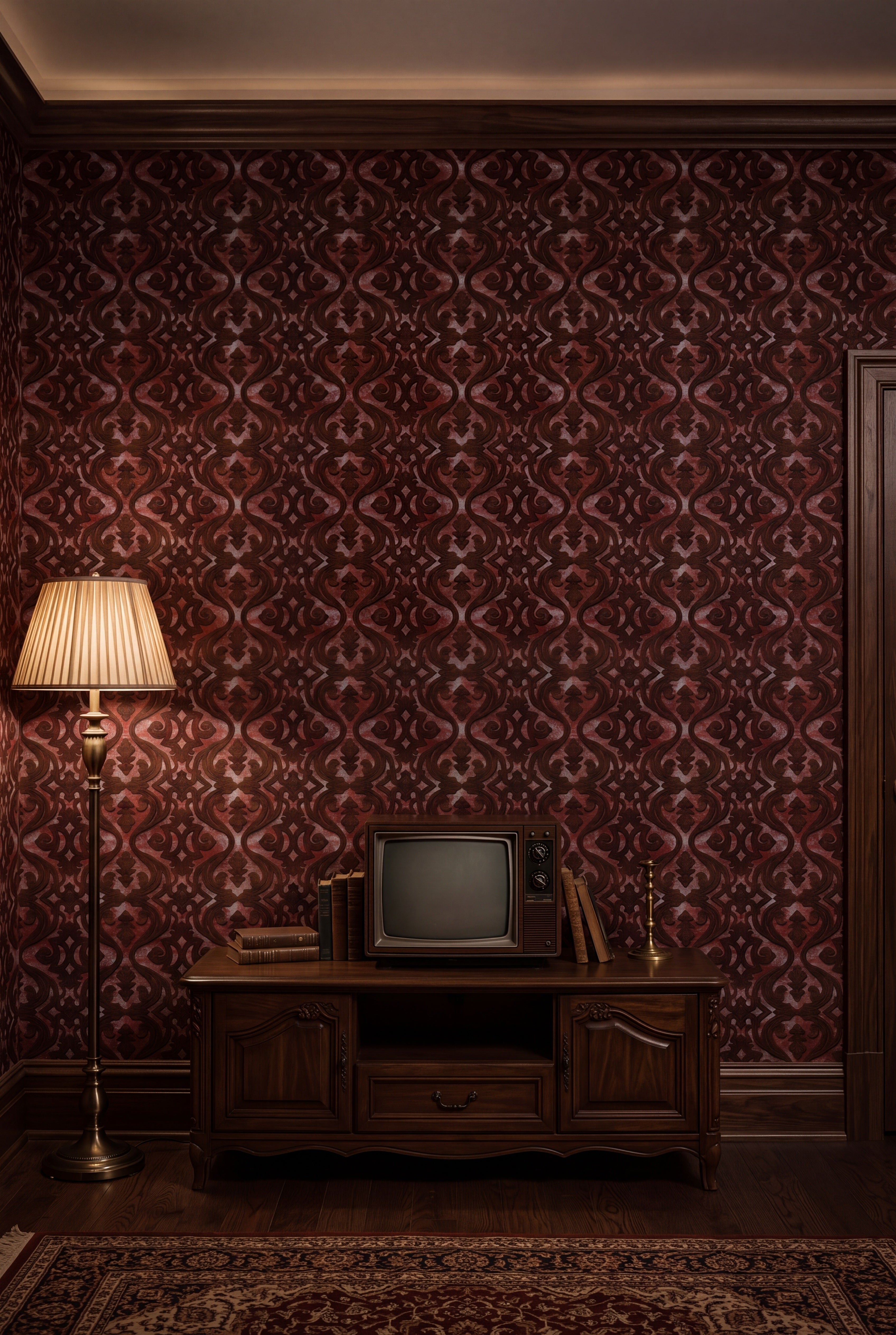 Garnet Scroll wallpaper shown in a media room