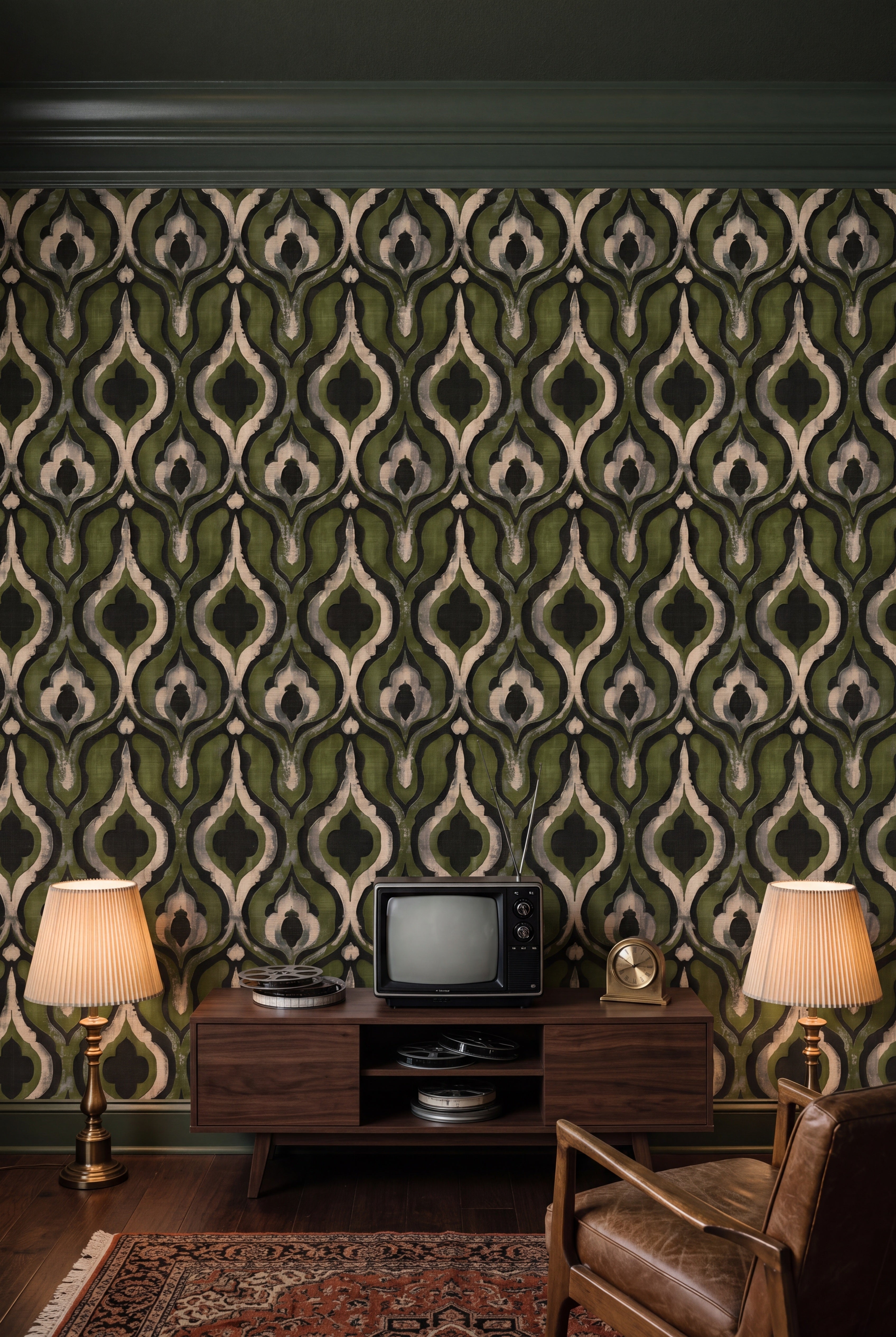 Moss Lantern wallpaper shown in a media room