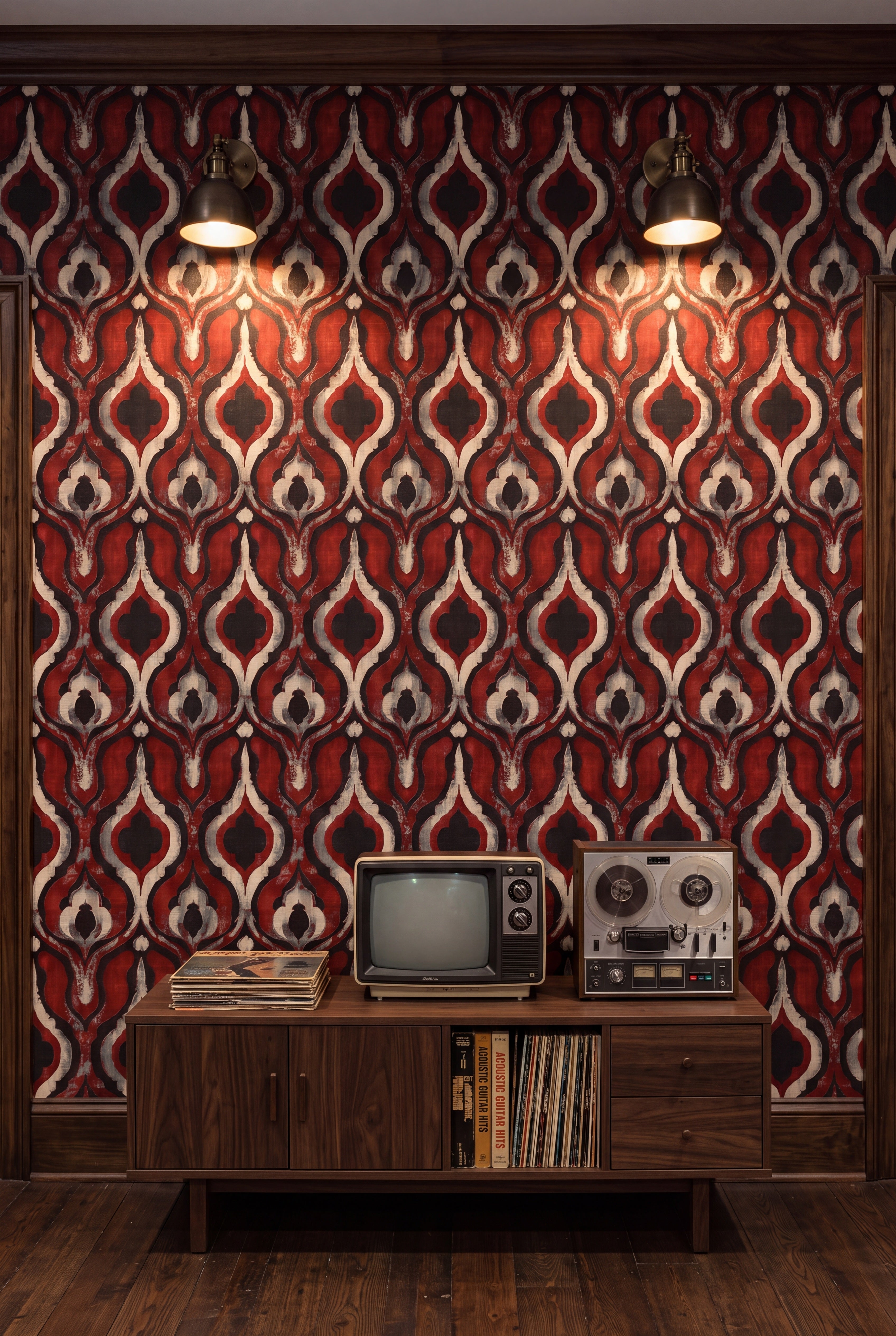 Crimson Lantern wallpaper shown in a media room