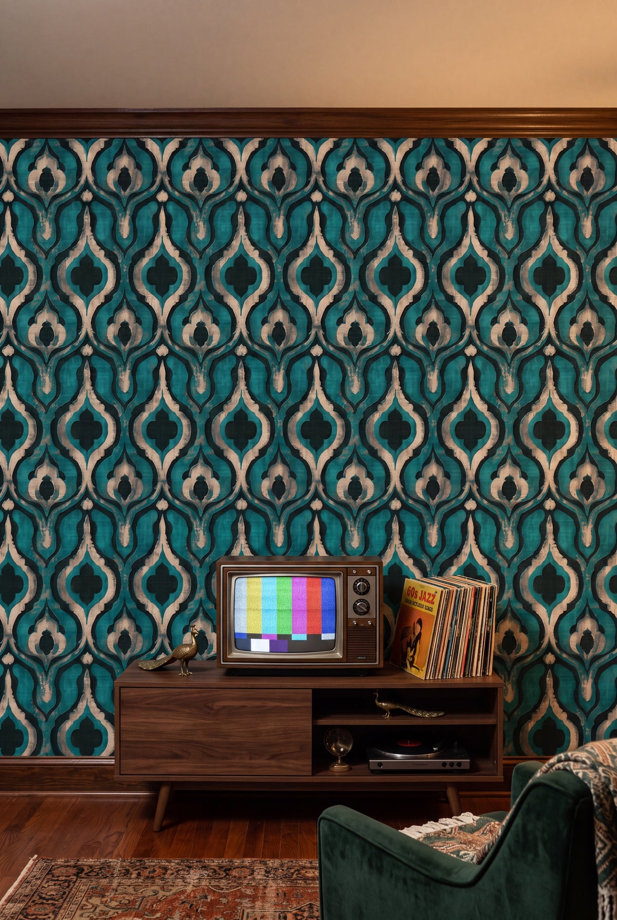Teal Lantern wallpaper shown in a media room