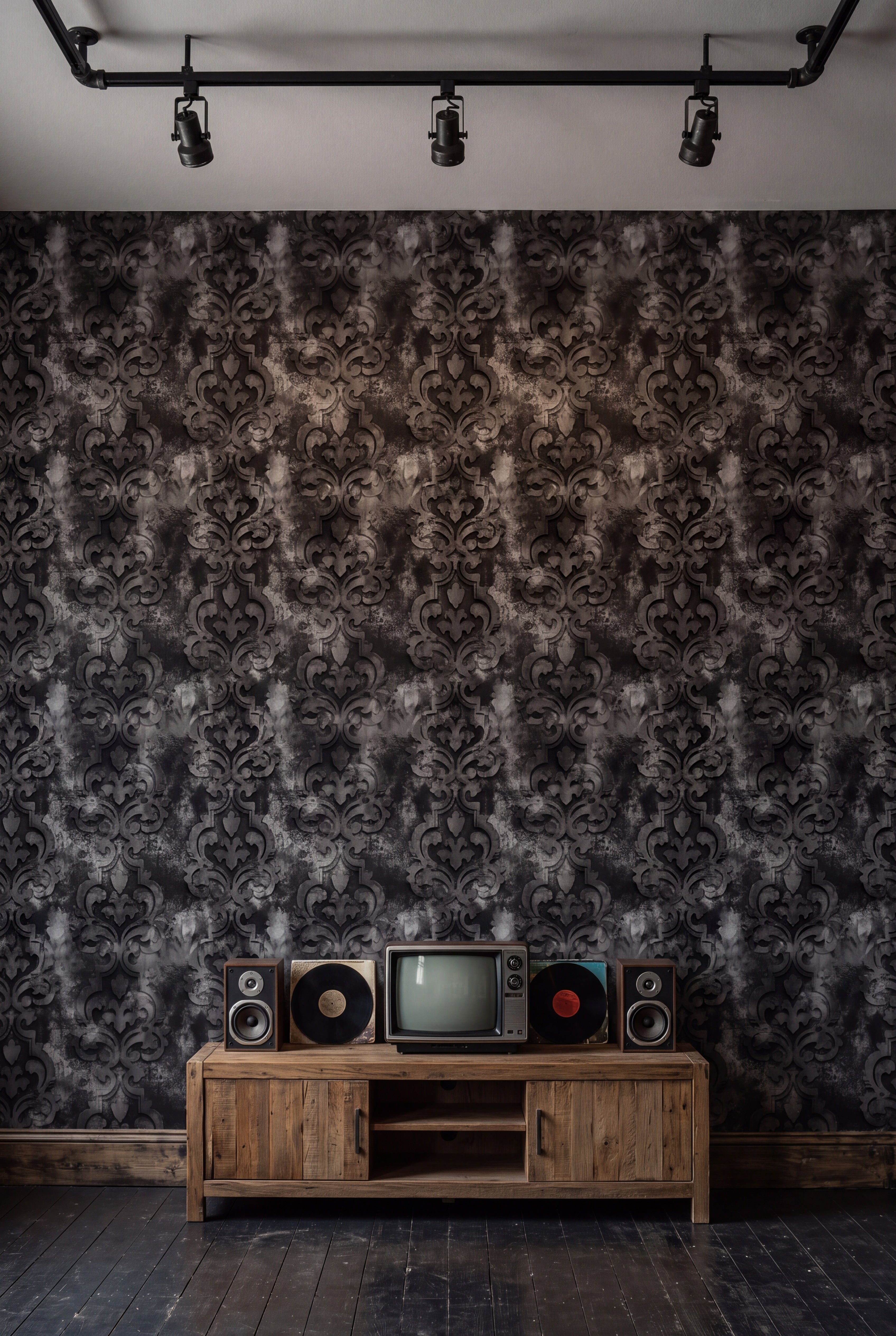 Pewter Relic wallpaper shown in a media room