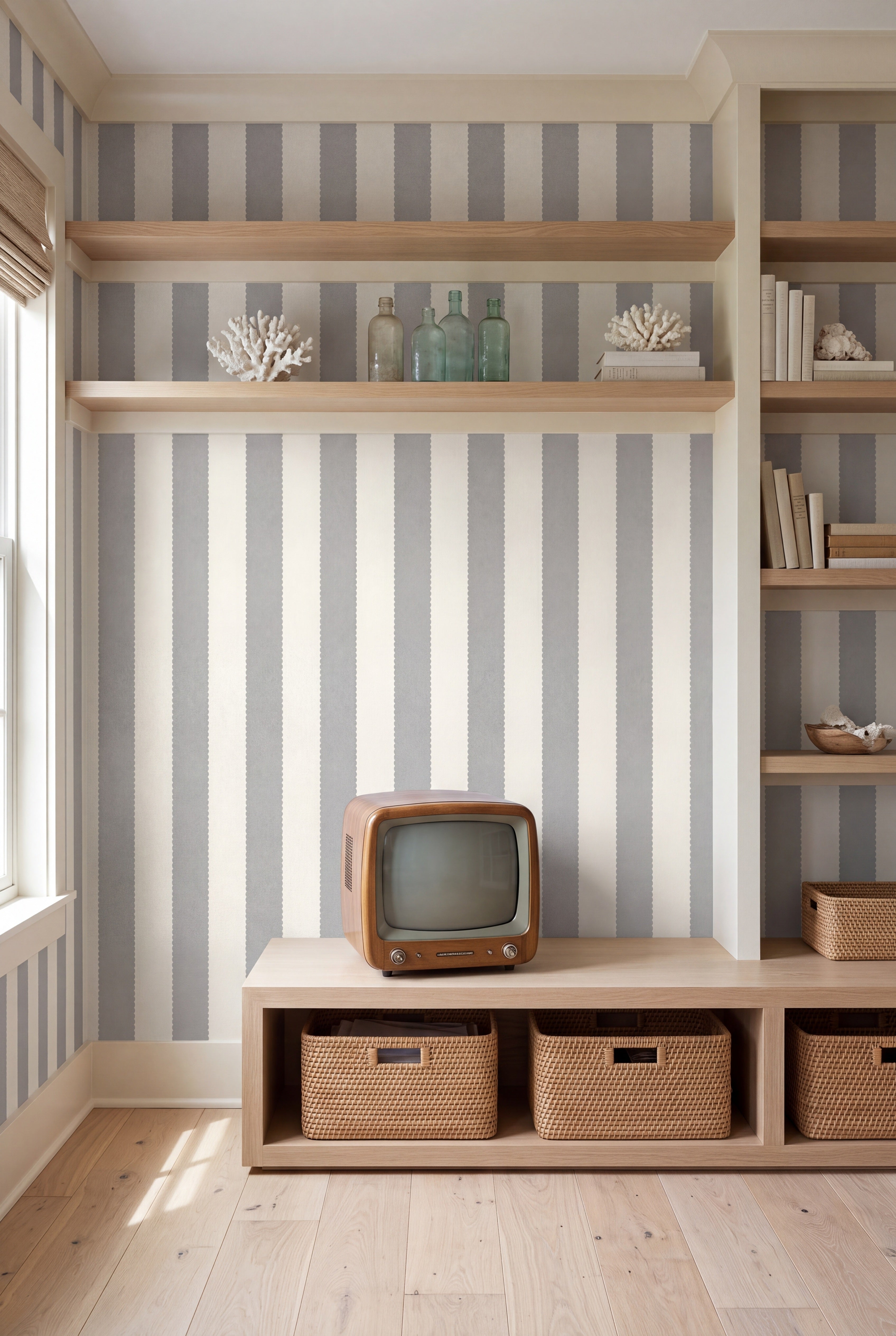 Dove Ribbon wallpaper shown in a media room
