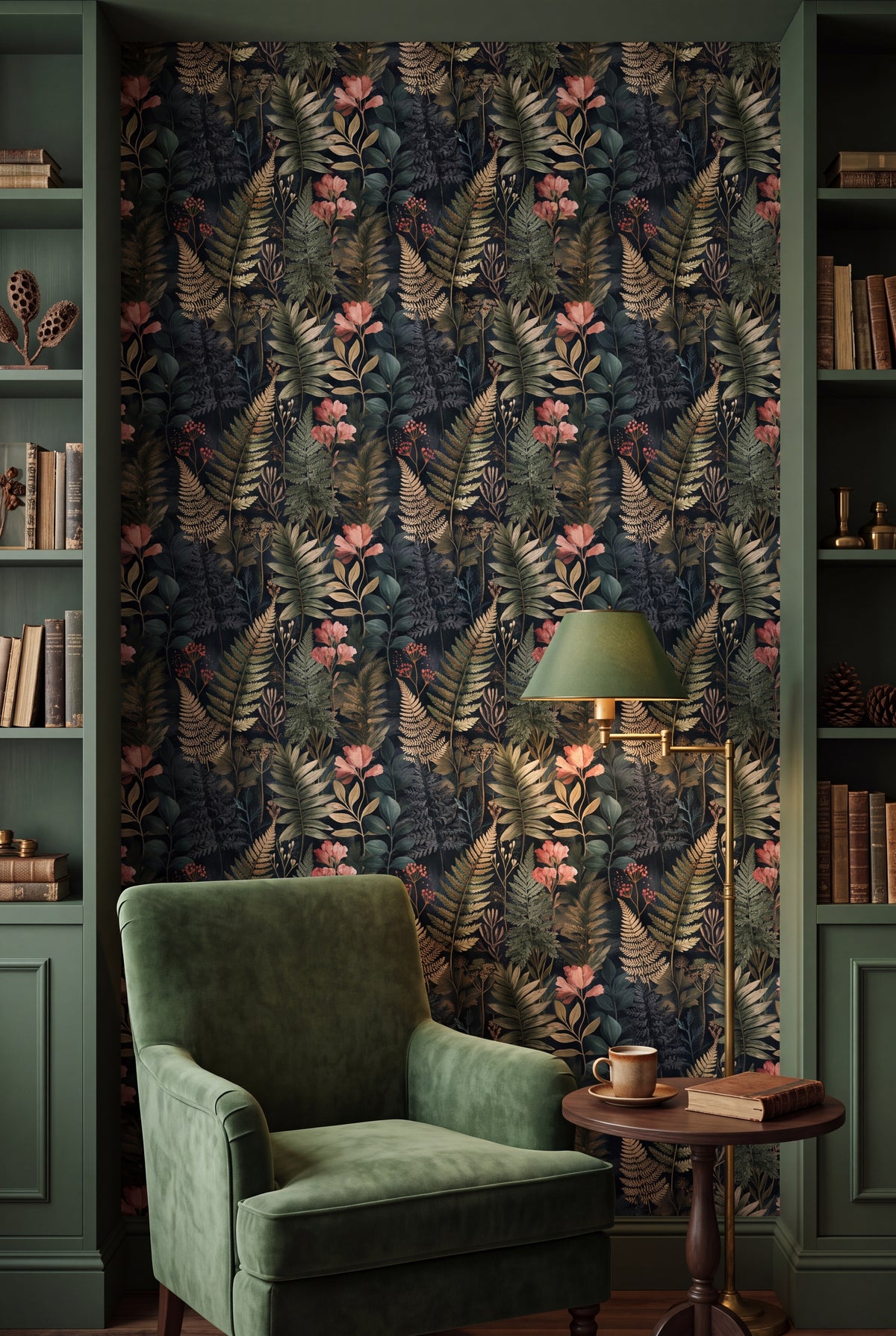 Fern Hollow wallpaper shown in a reading nook