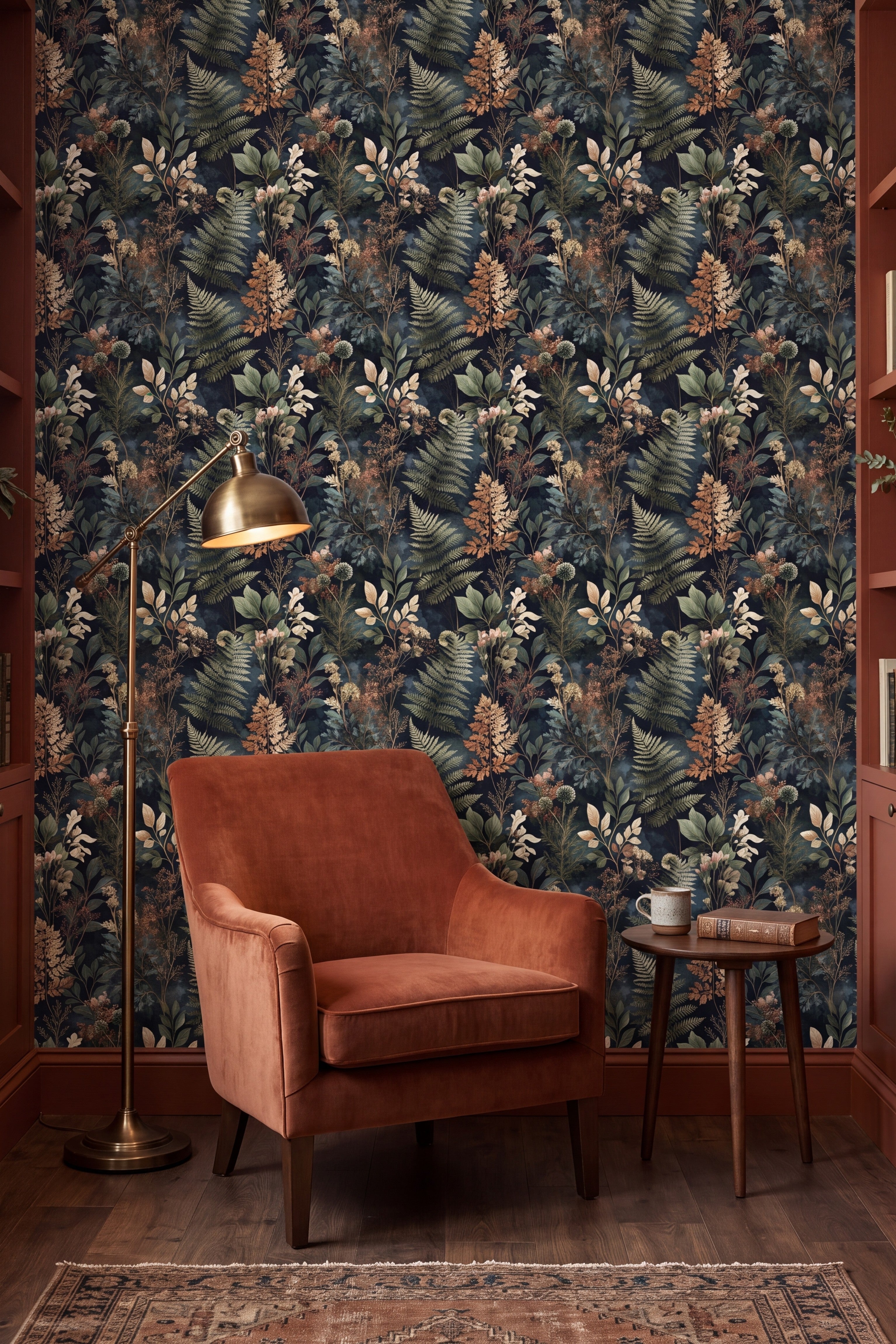 Copper Bracken wallpaper shown in a reading nook