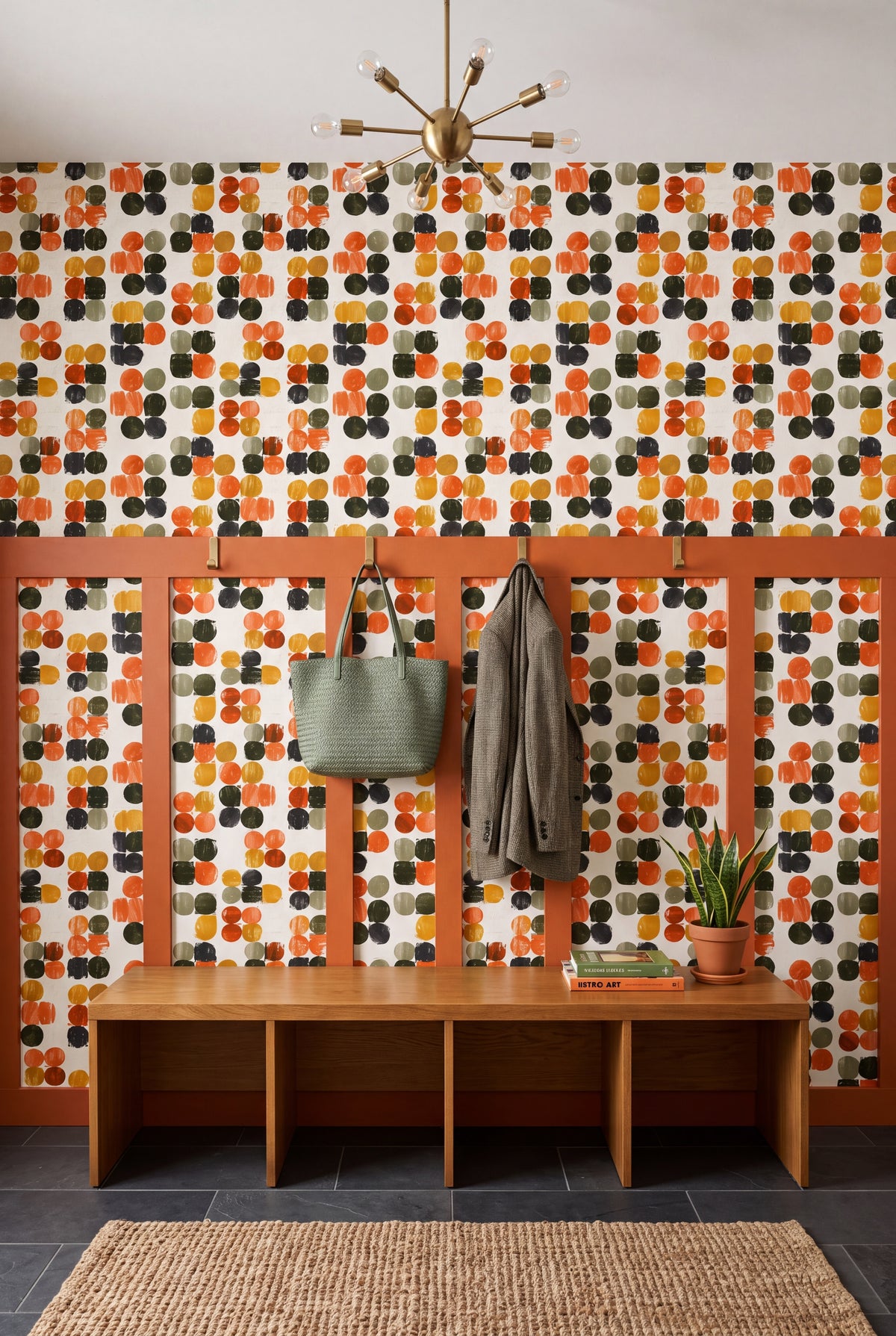Market Dot wallpaper shown in a mudroom