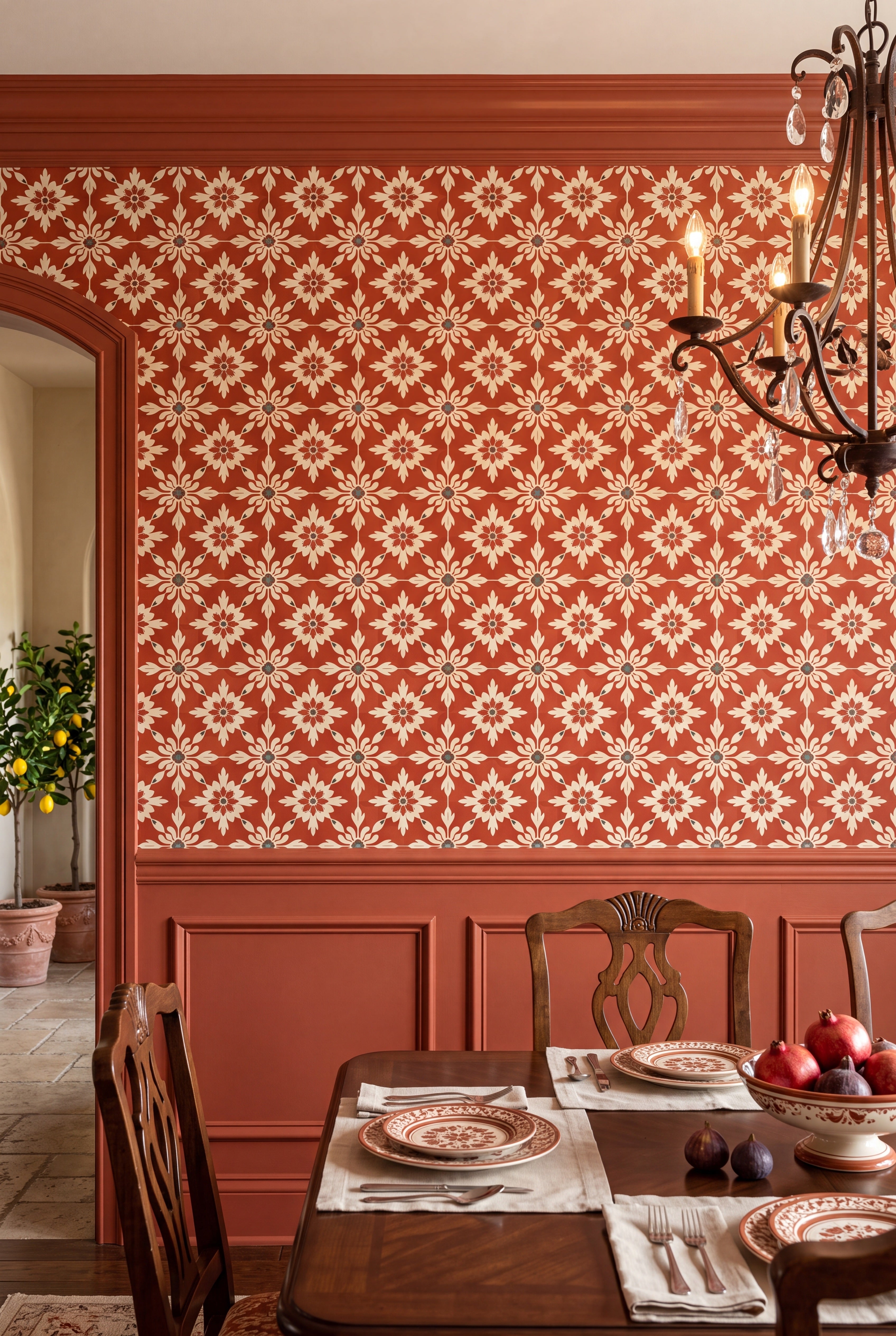 Terra Folk wallpaper shown in a dining room