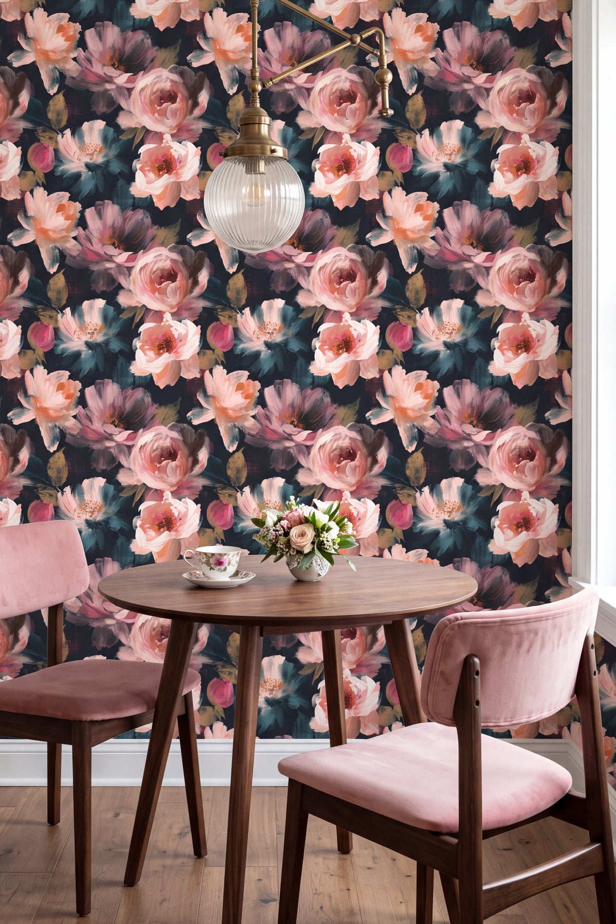 Rosewater Nocturne wallpaper shown in a kitchen breakfast nook