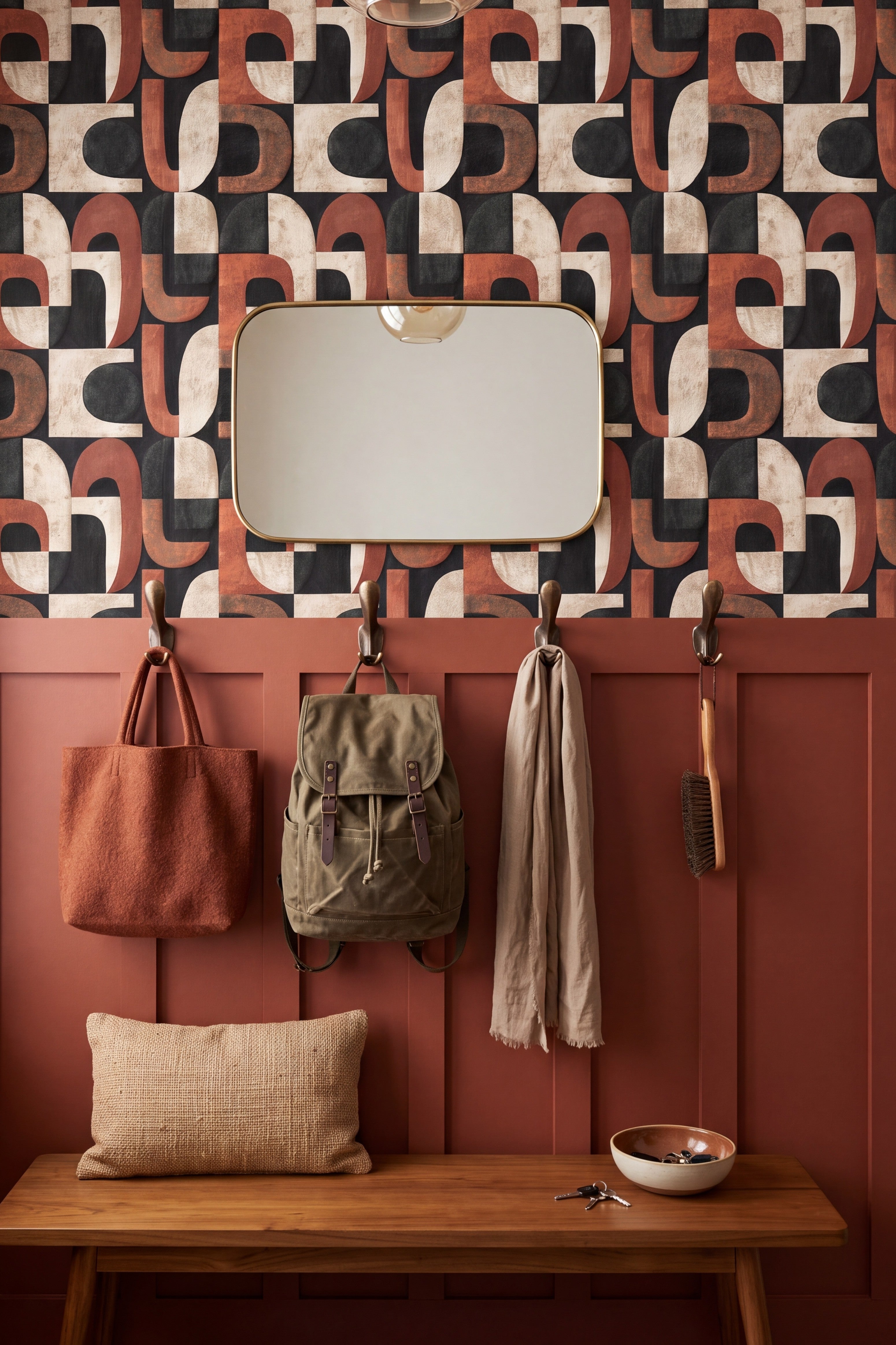 Kiln Arch wallpaper shown in a mudroom