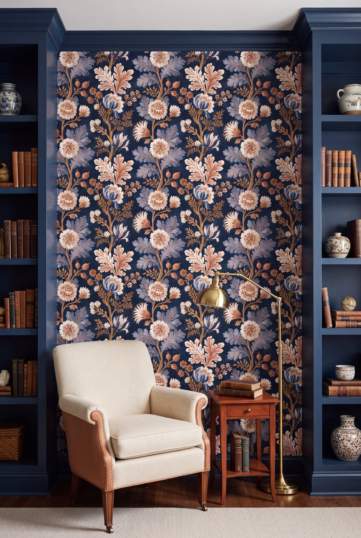 Midnight Indienne wallpaper shown in a reading nook