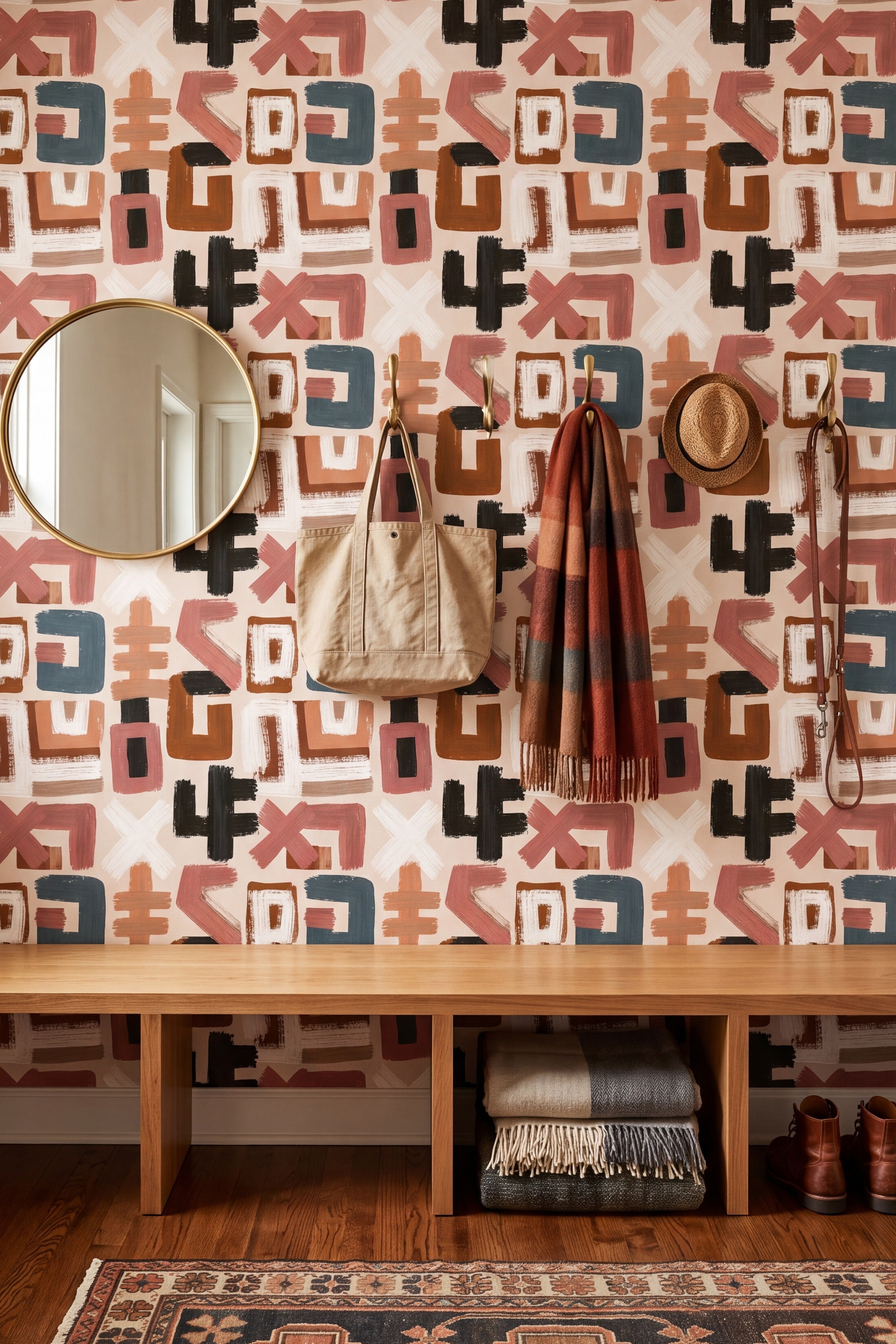 Studio Marks wallpaper shown in a mudroom