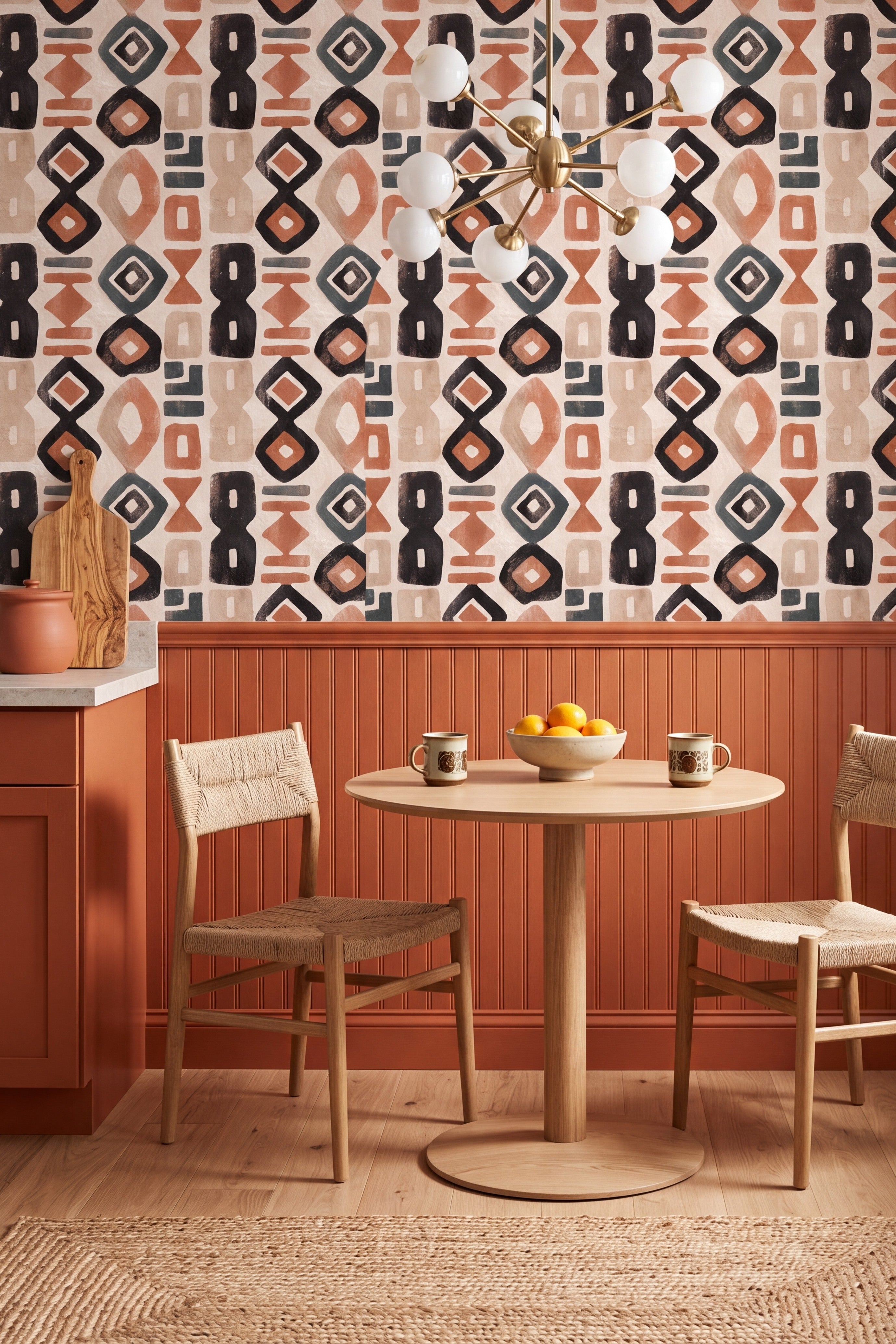 Talisman wallpaper shown in a kitchen breakfast nook