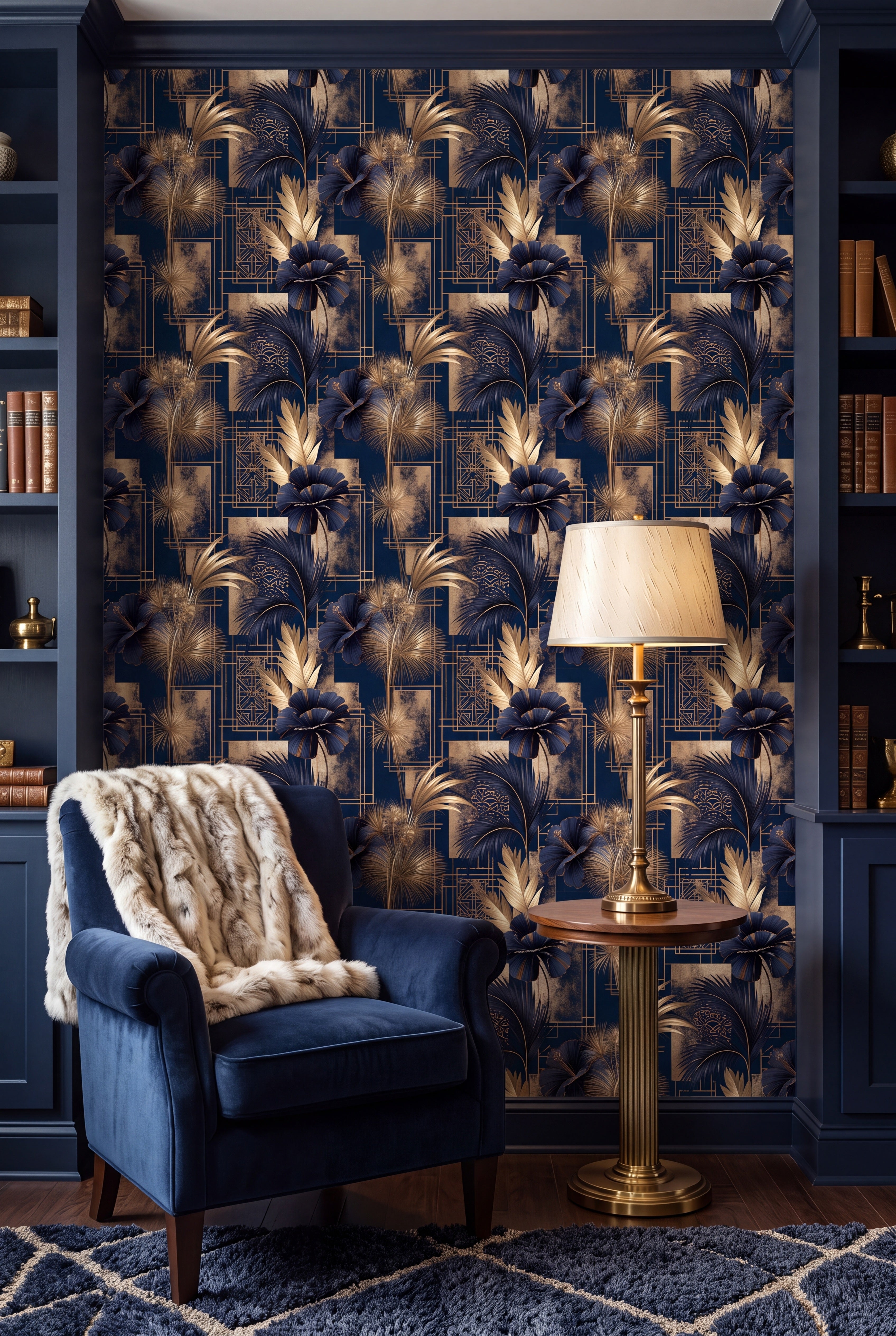 Gilded Soiree wallpaper shown in a reading nook