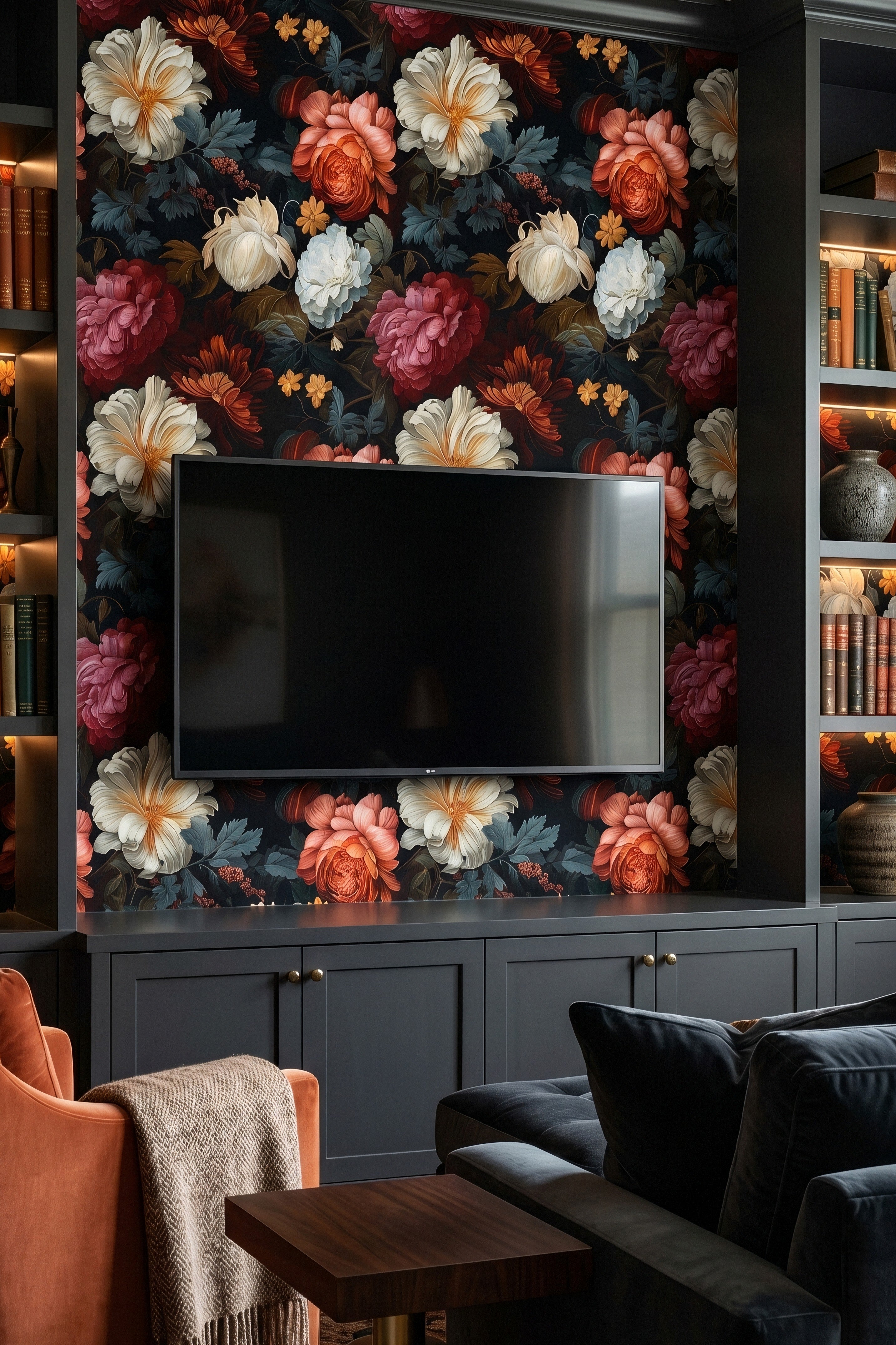Dusk Garden wallpaper shown in a media room