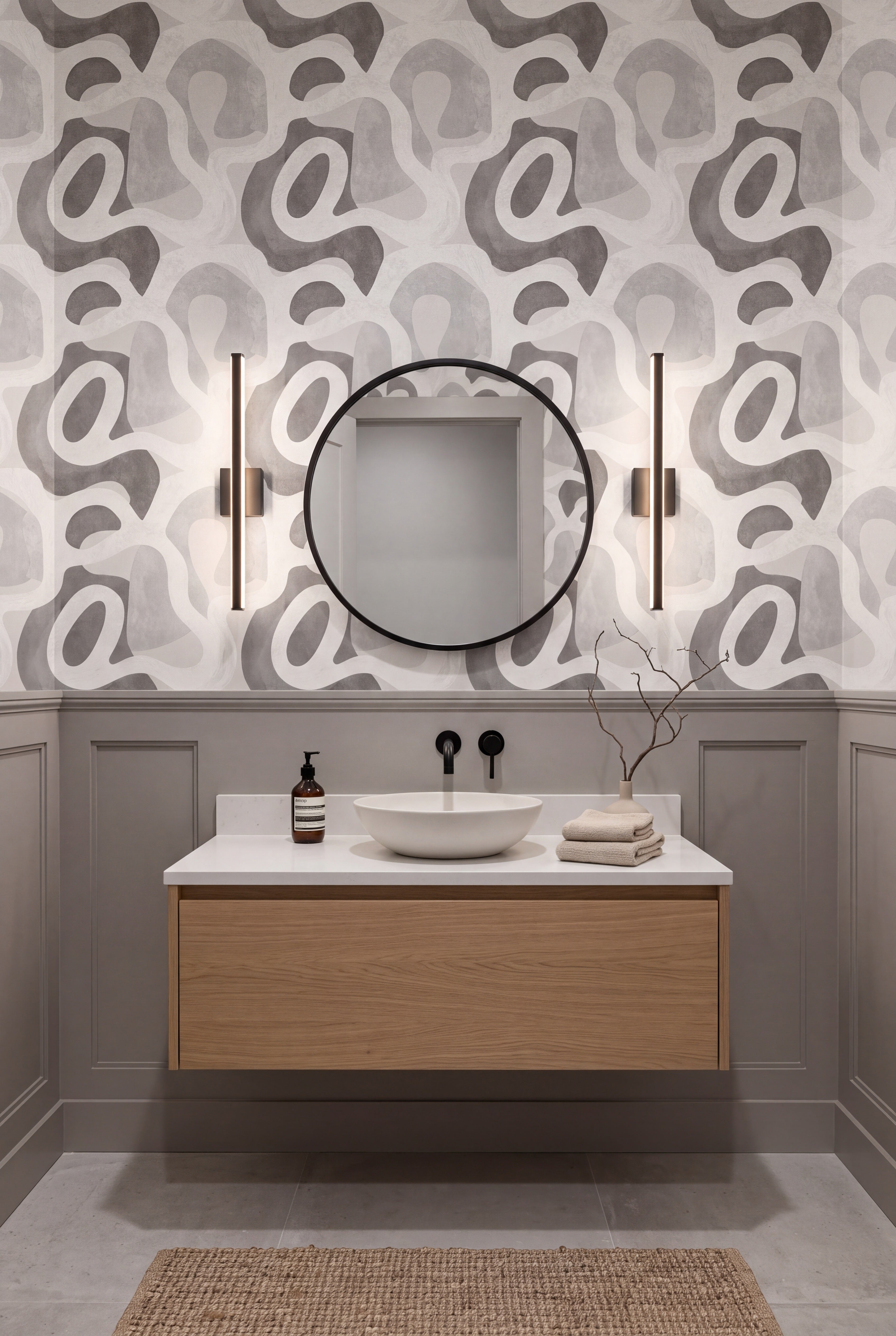 Stone Terrain wallpaper shown in a powder room