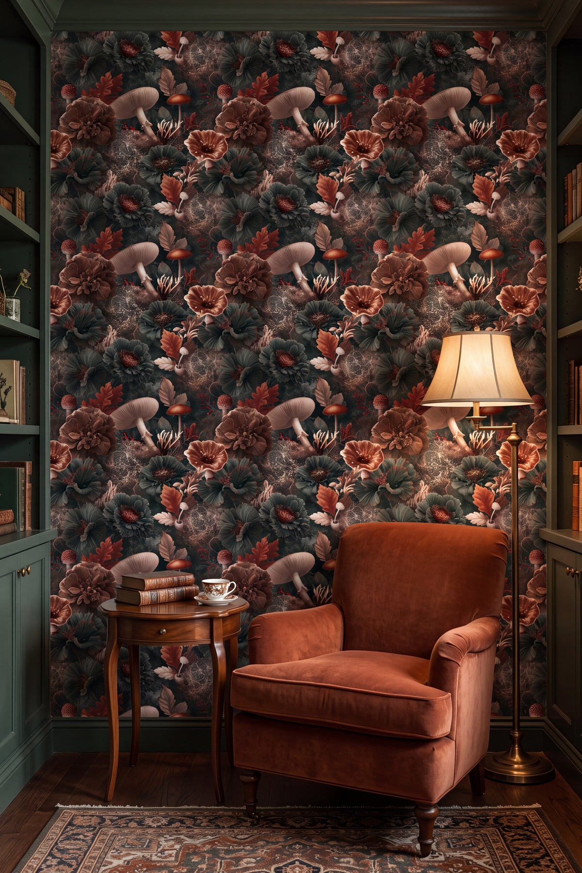 Ember Forage wallpaper shown in a reading nook