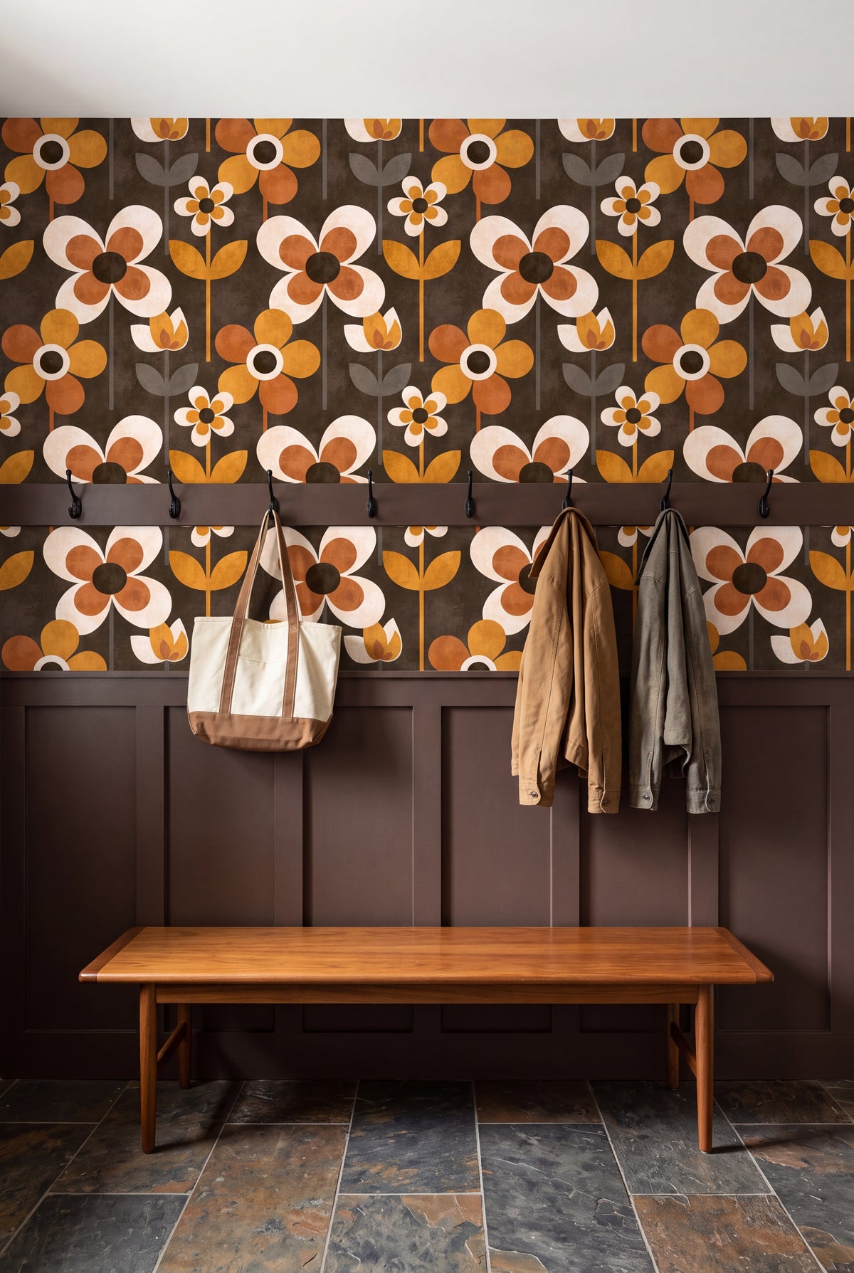 Toffee Mod wallpaper shown in a mudroom