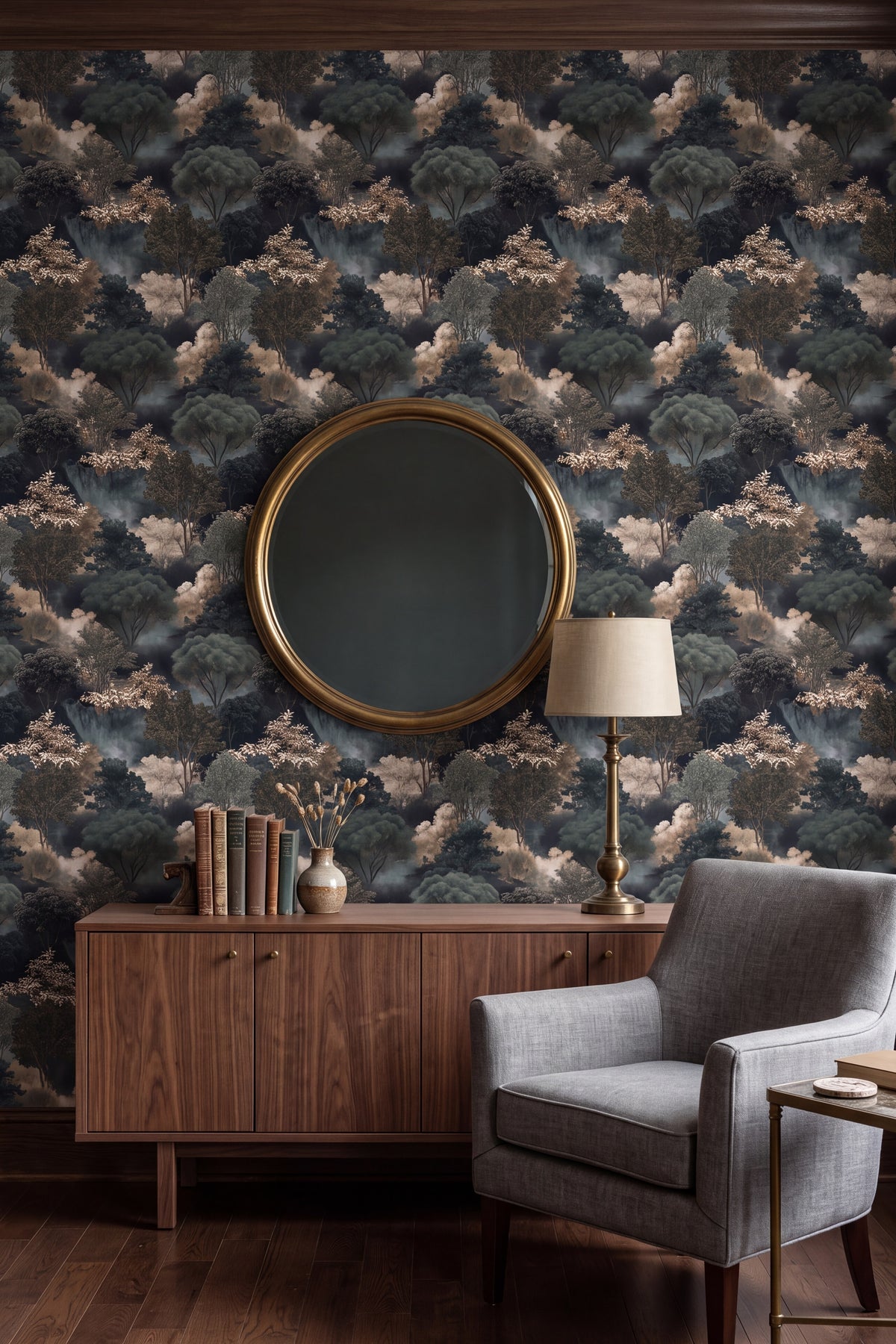Silver Arbor wallpaper shown in a living room