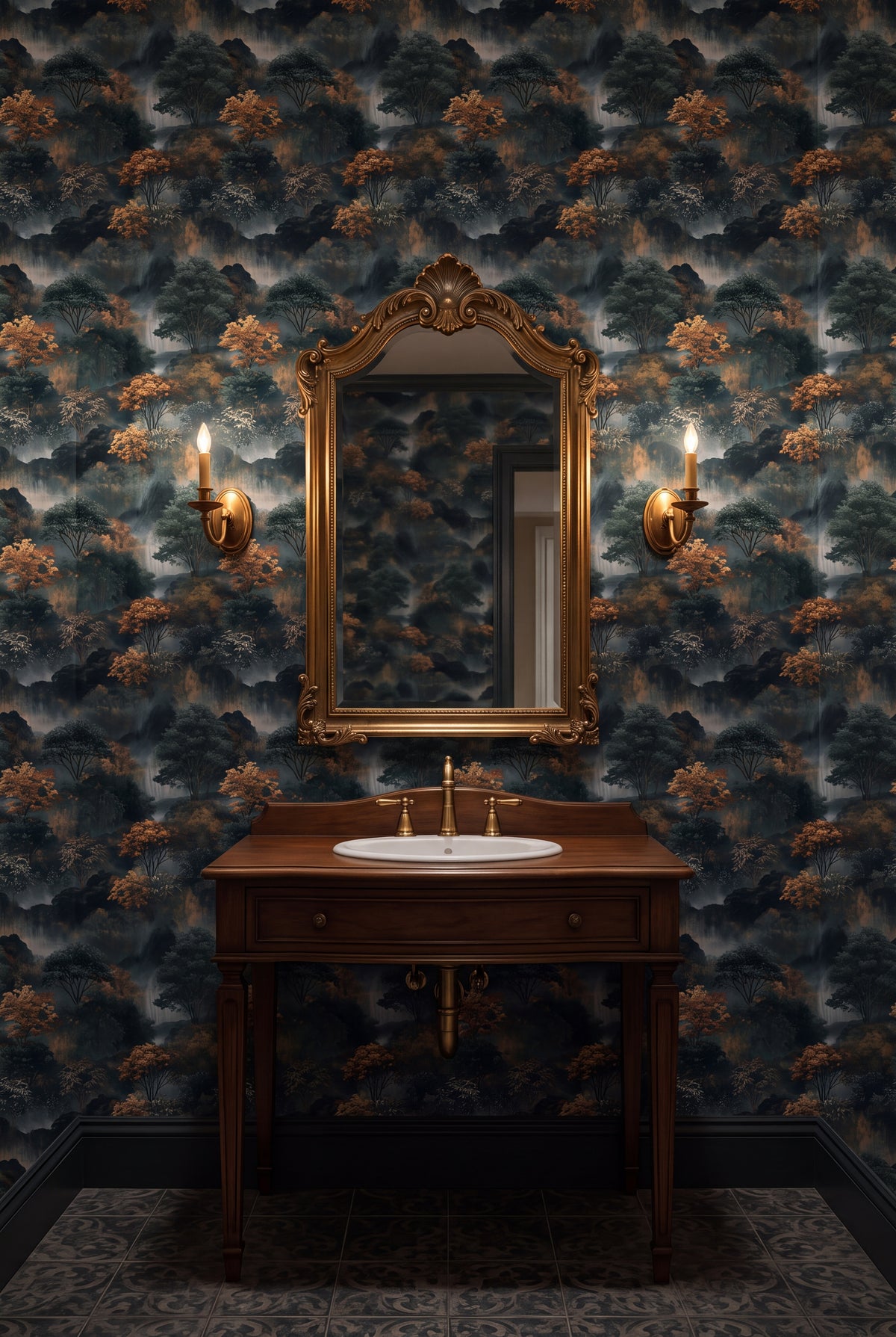 Amber Falls wallpaper shown in a powder room