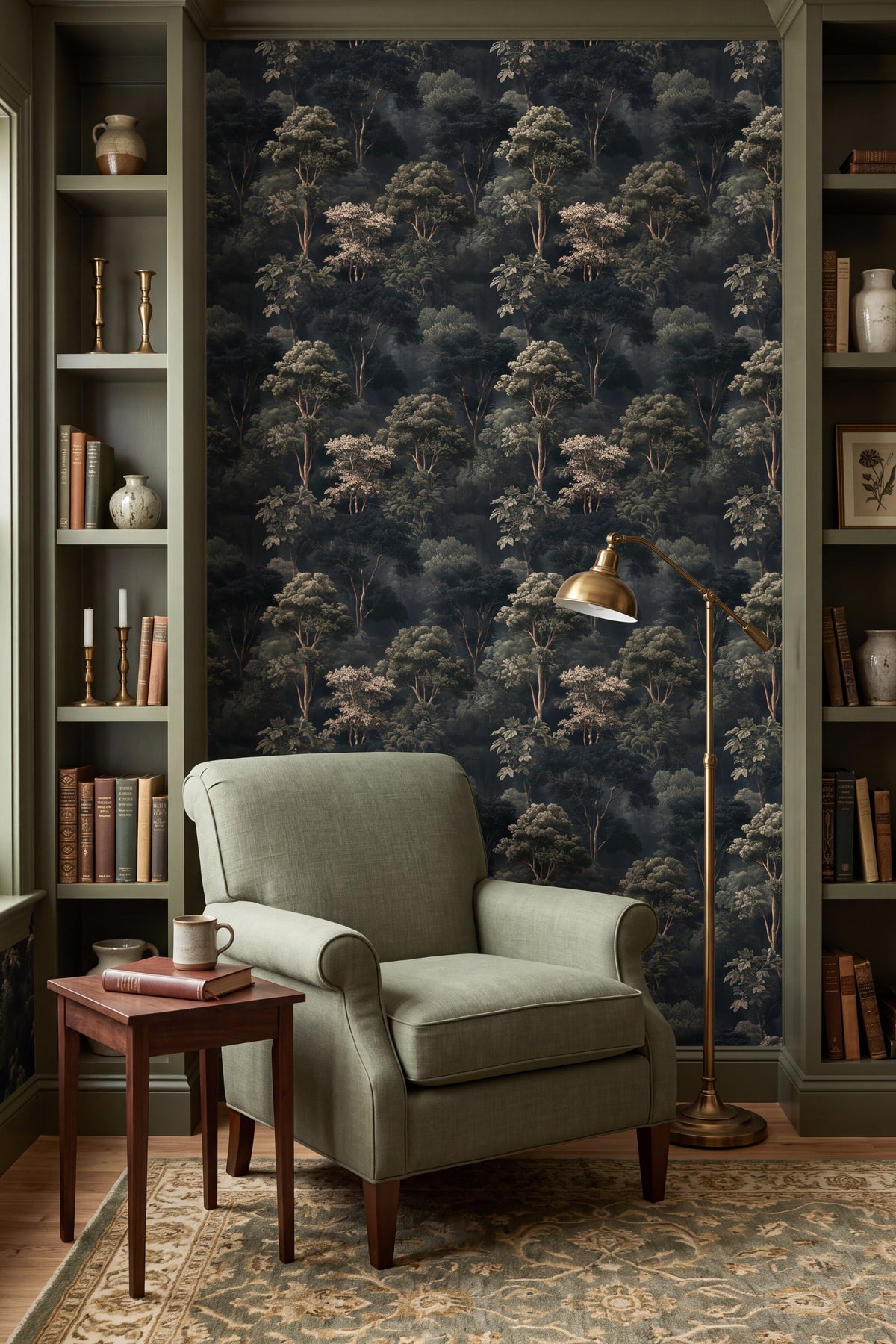 Grand Arboretum wallpaper shown in a reading nook