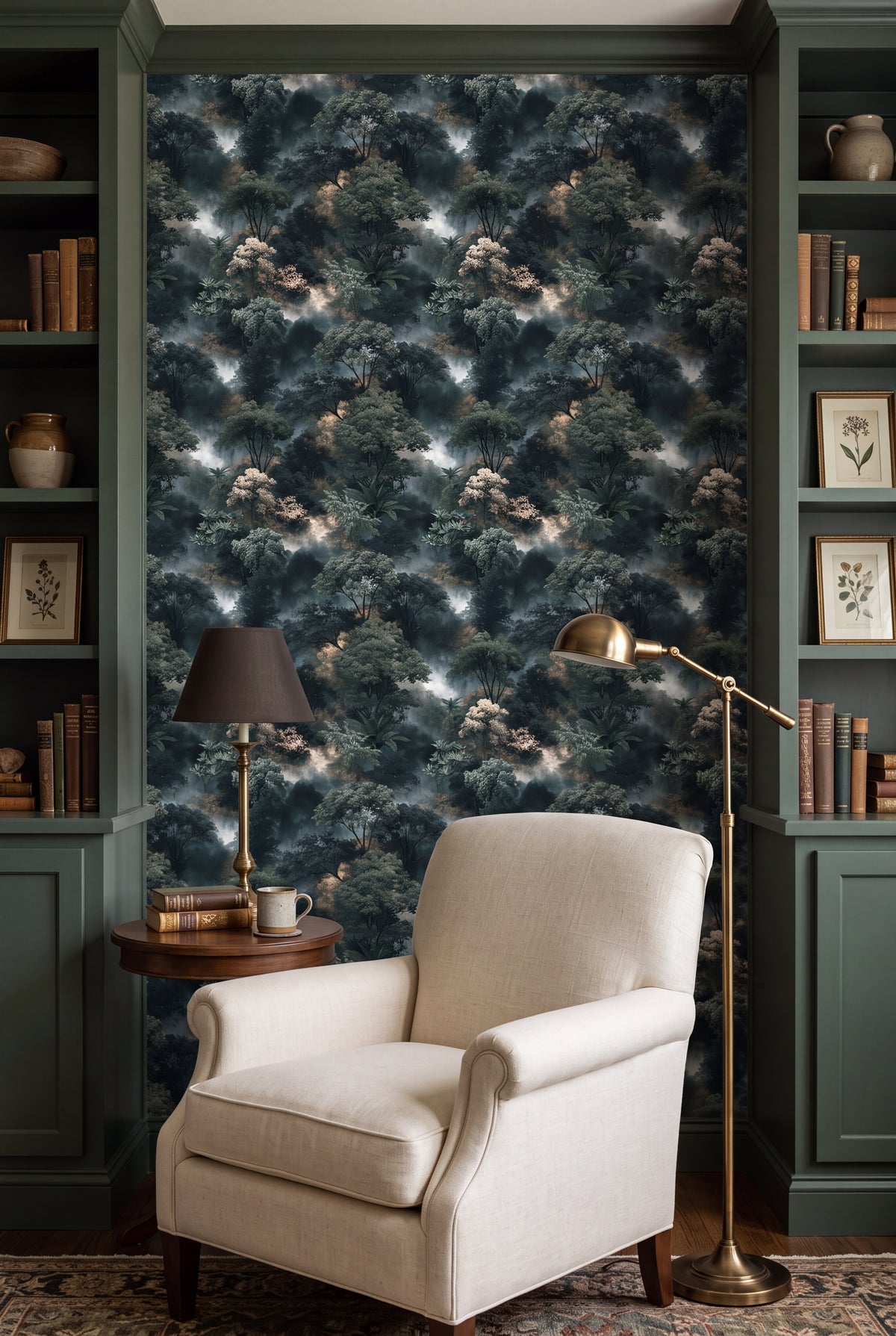 Cloud Forest wallpaper shown in a reading nook
