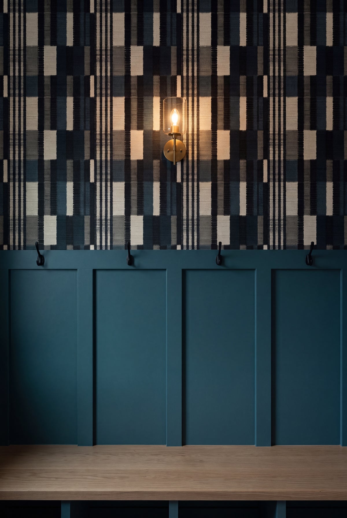 Cinder Stripe wallpaper shown in a mudroom