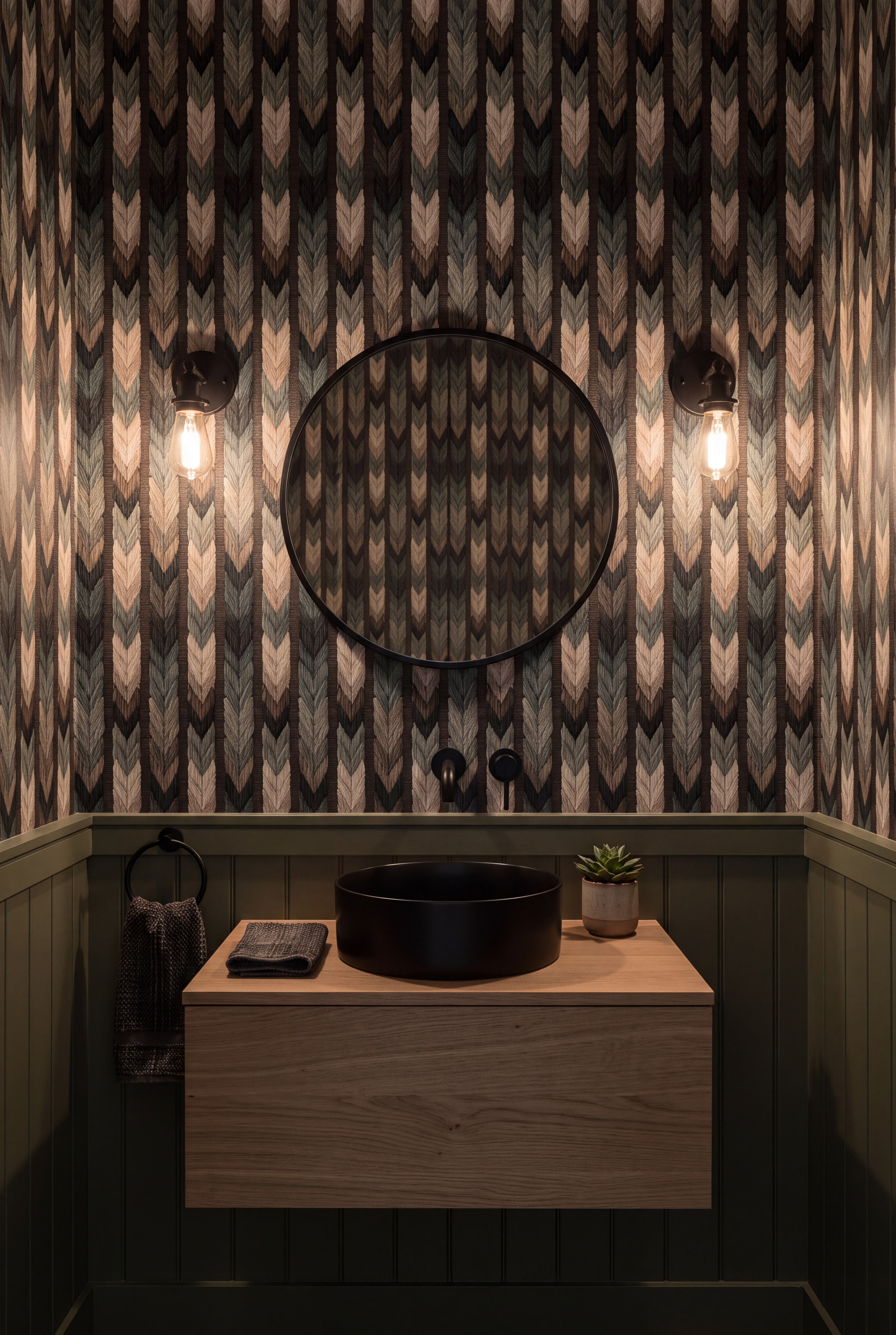 Fern Chevron wallpaper shown in a powder room