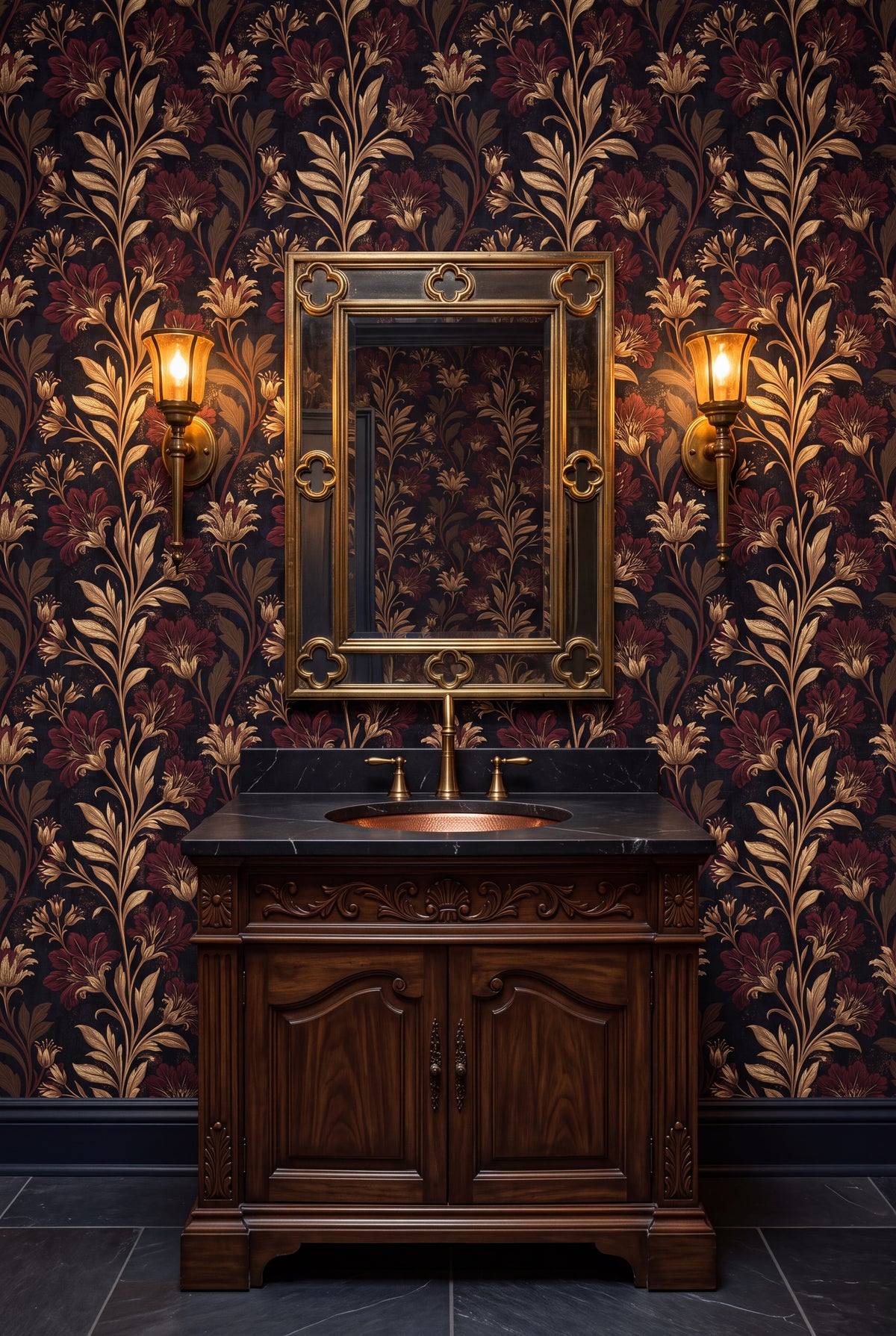 Copper Vespers wallpaper shown in a powder room