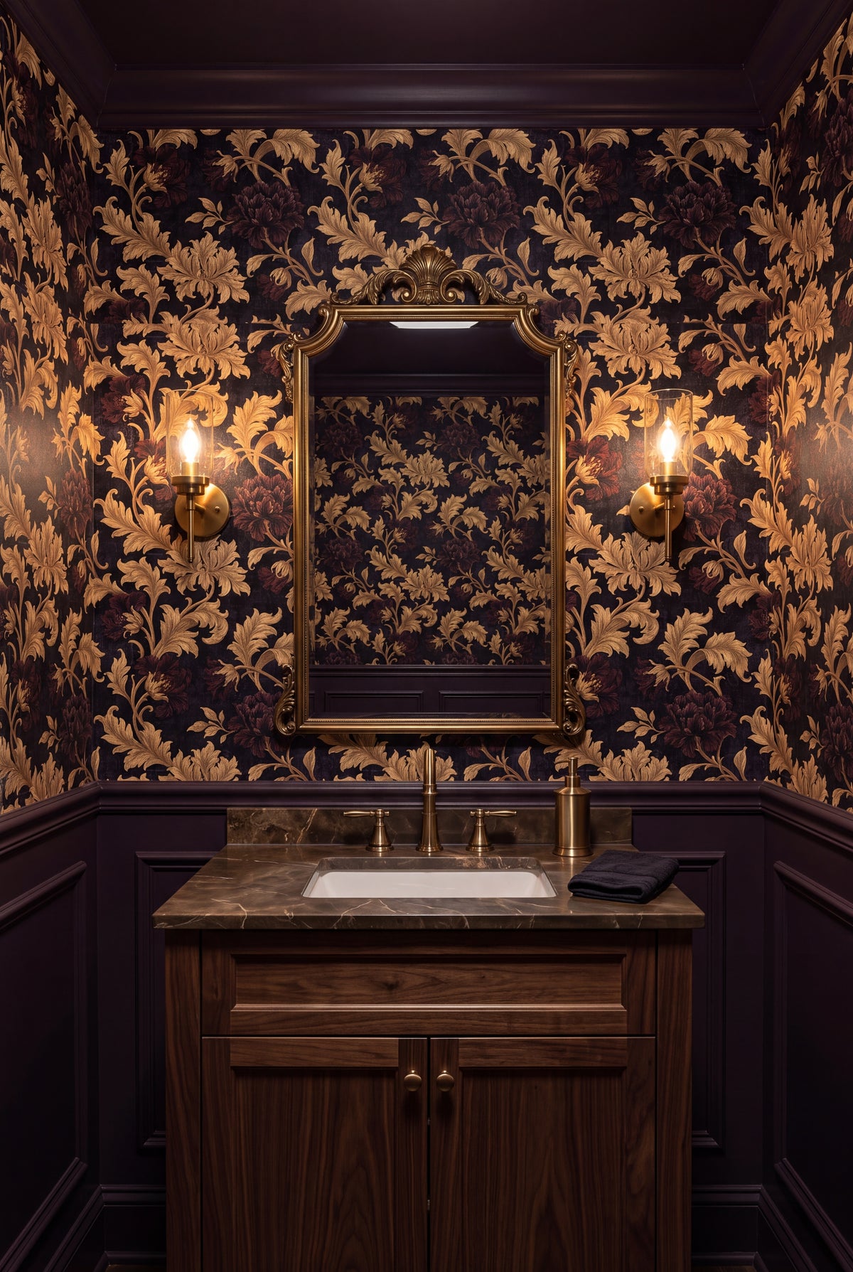 Regency Gilt wallpaper shown in a powder room