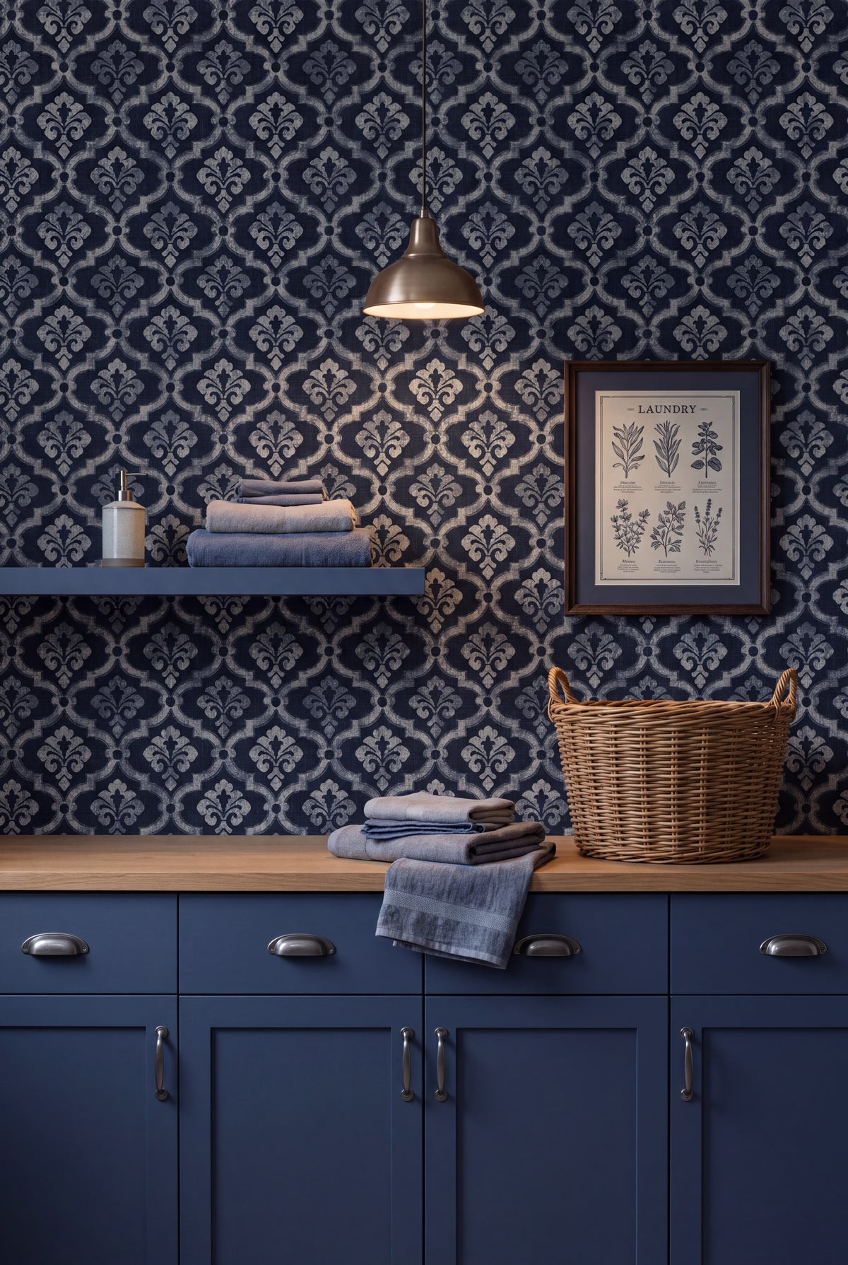 Indigo Fleur wallpaper shown in a laundry room