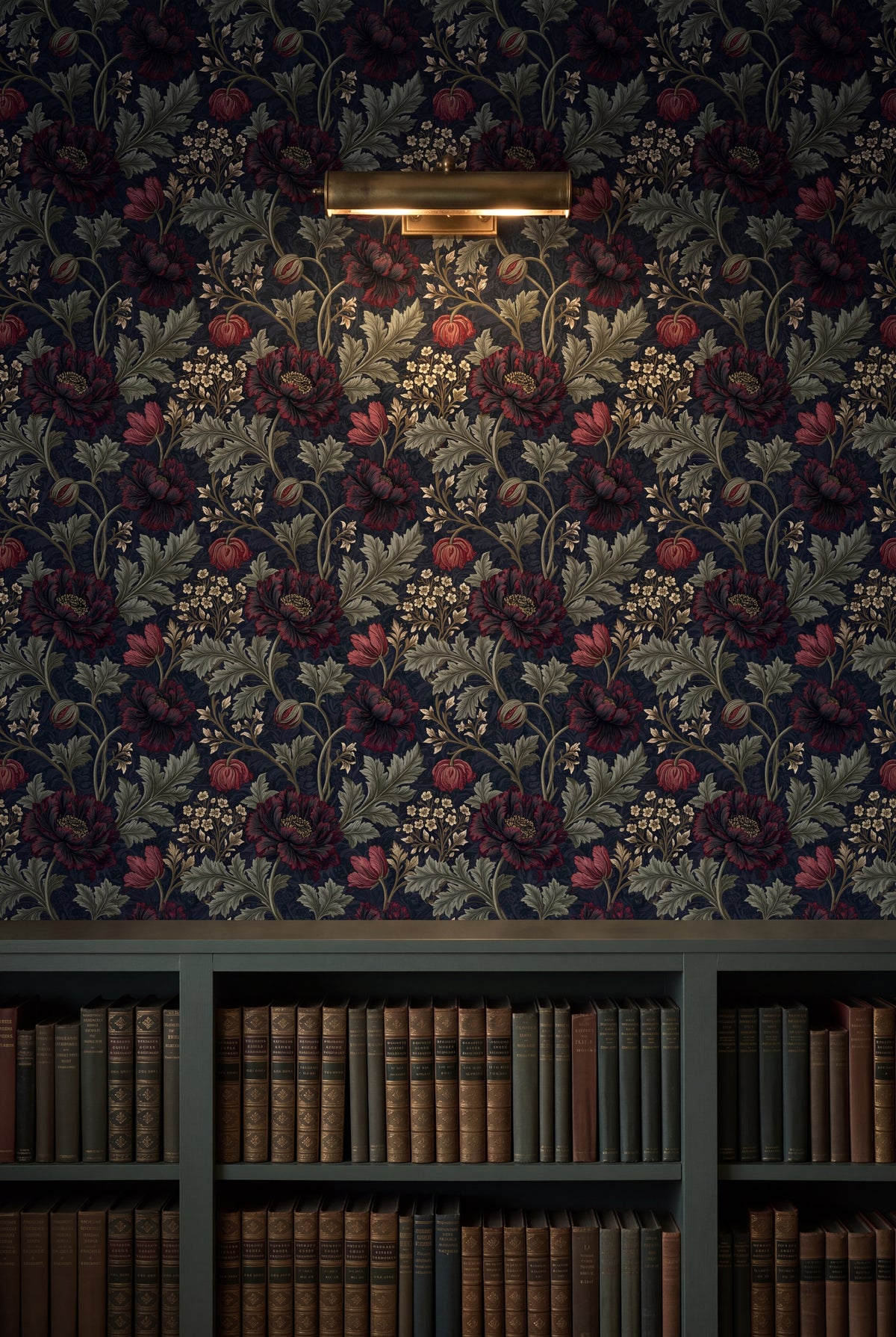 Nocturne Poppy wallpaper shown in a library