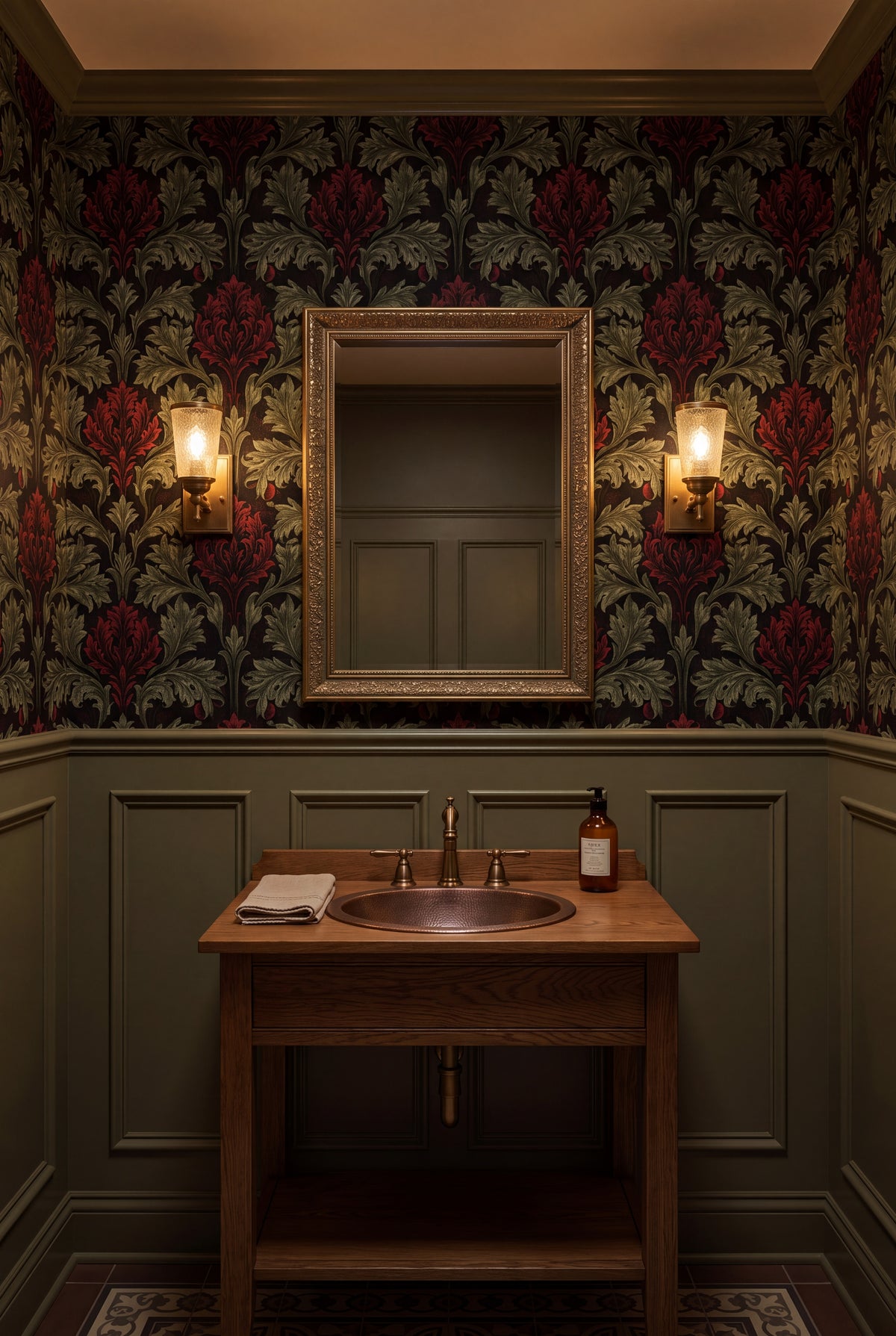 Moss Artichoke wallpaper shown in a powder room