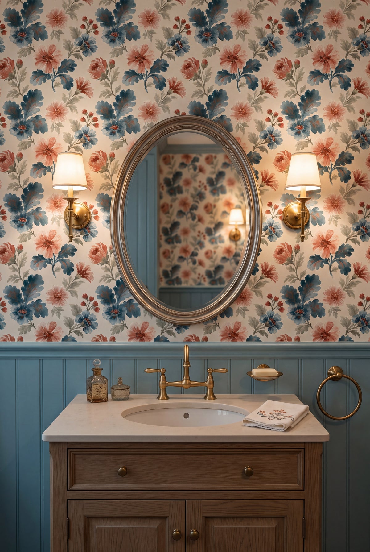 Dusty Cornflower wallpaper shown in a powder room