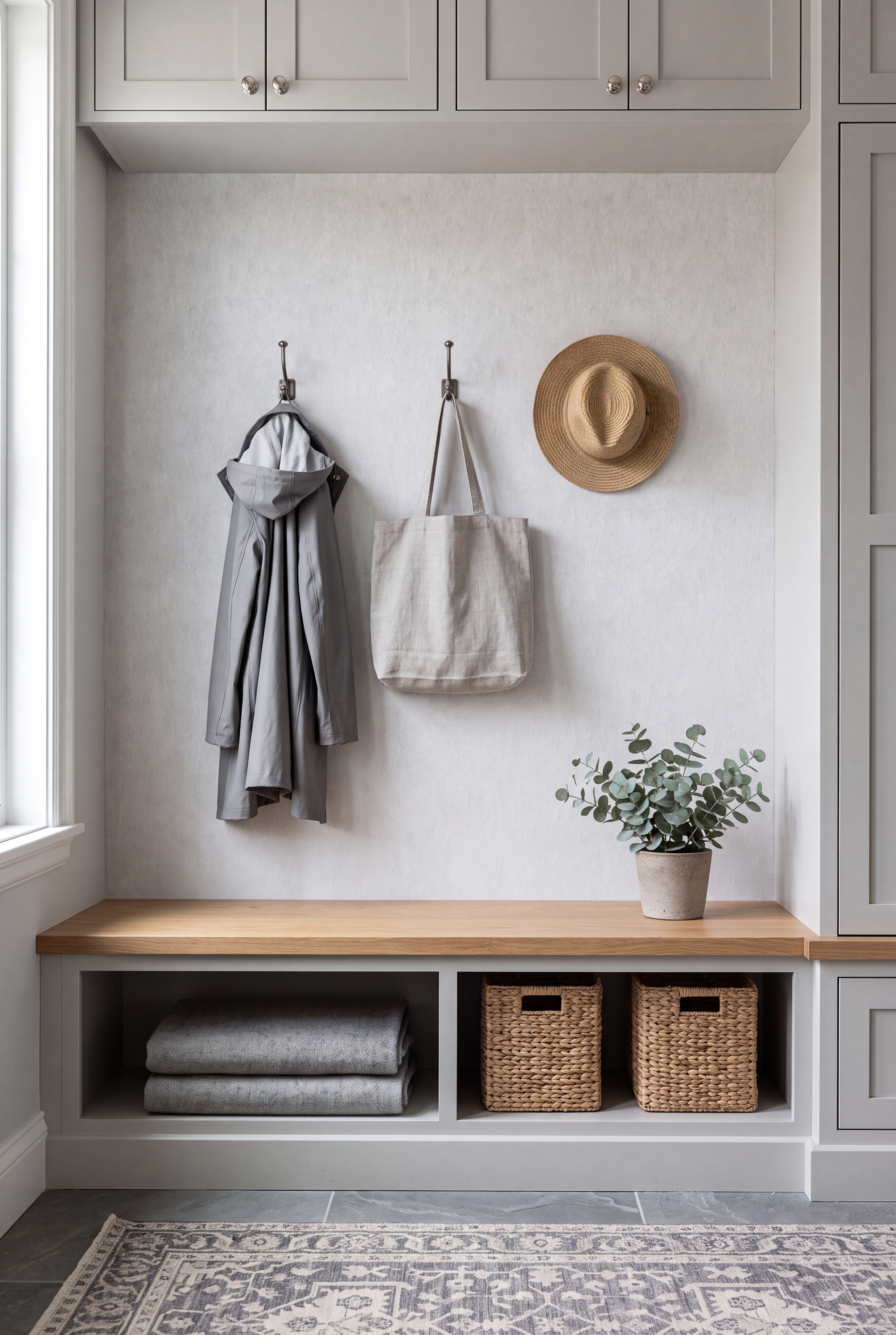 Morning Fog wallpaper shown in a mudroom