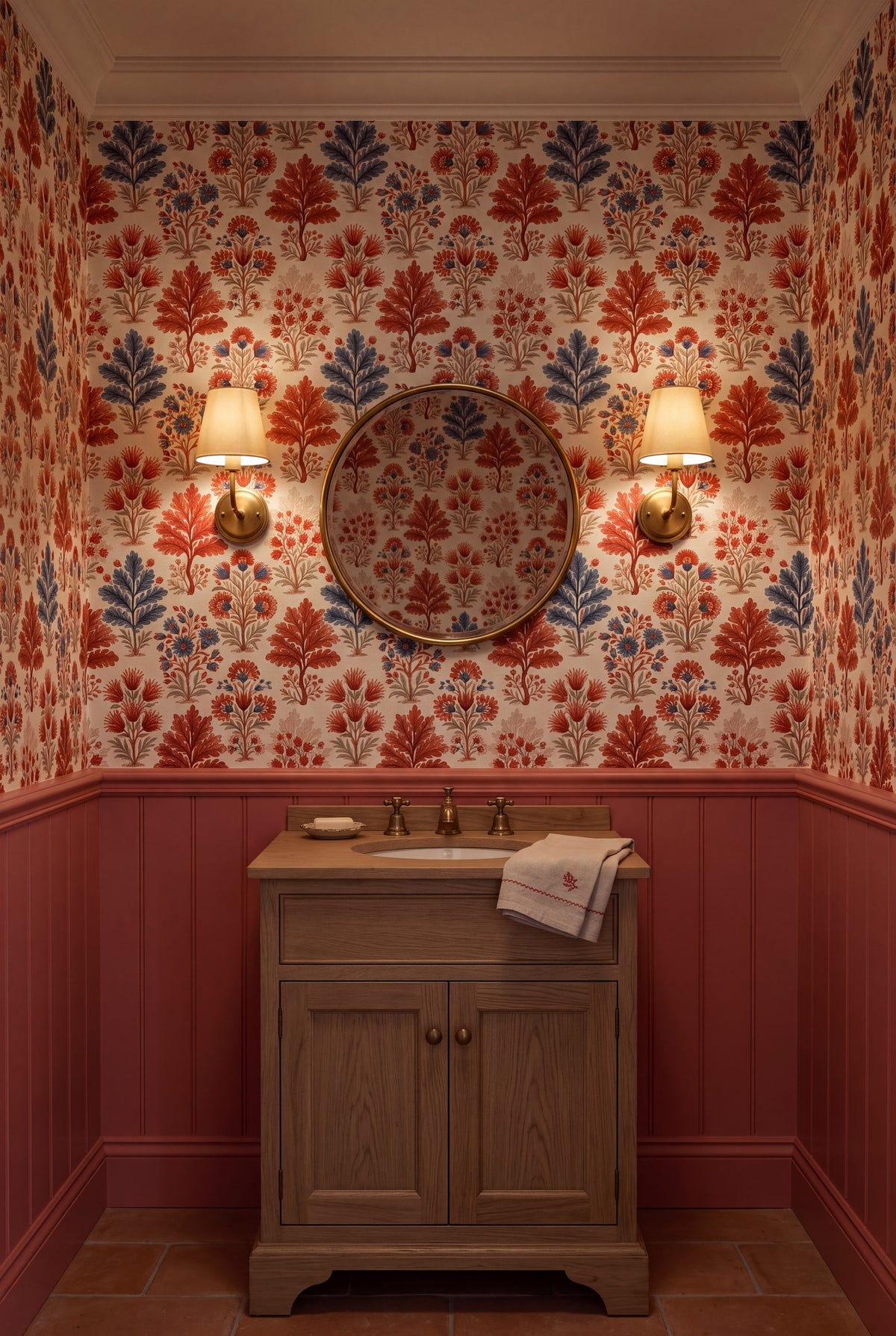 Folk Bloom wallpaper shown in a powder room
